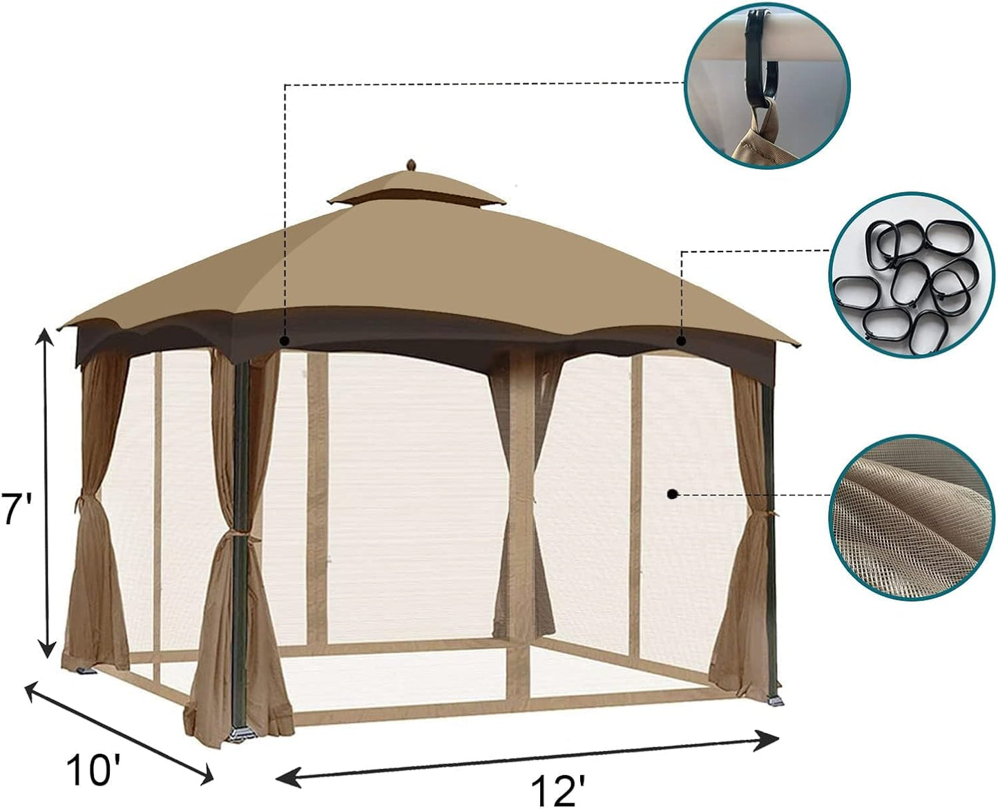 10'x12' Gazebo Replacement Mosquito Netting 4-Panel Patio Screen Walls with Zipper (Khaki)