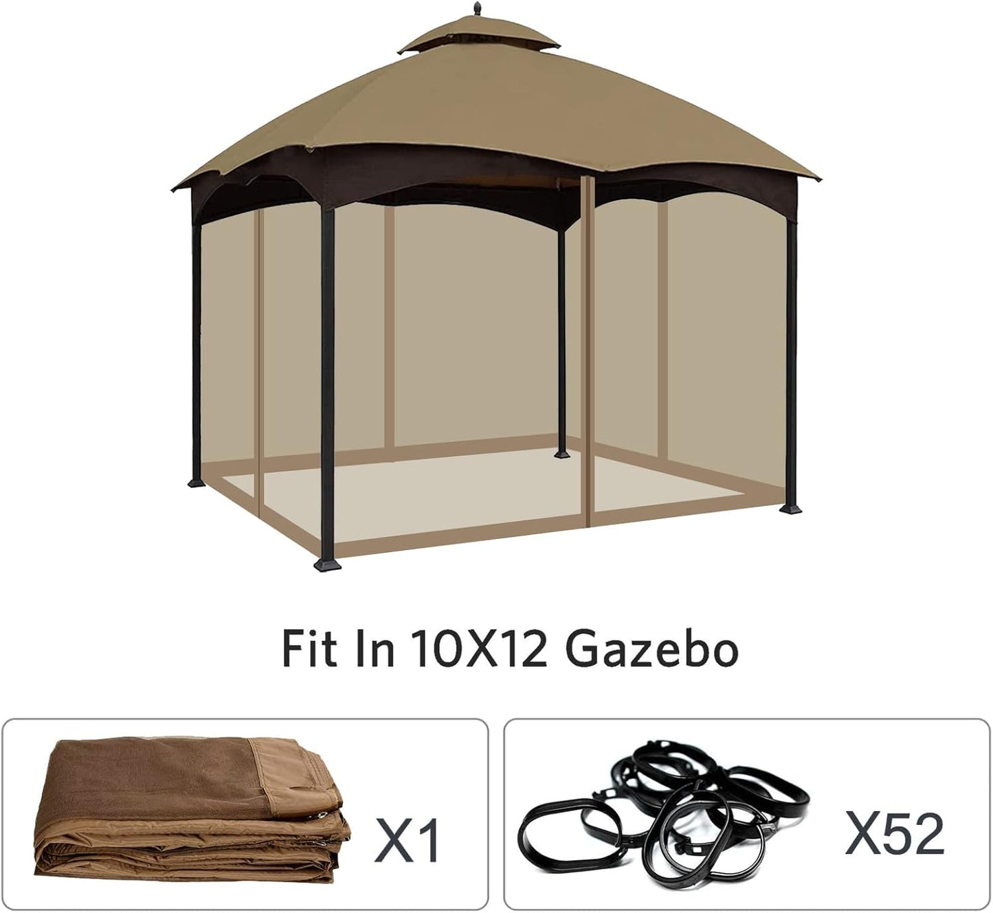 10'x12' Gazebo Replacement Mosquito Netting 4-Panel Patio Screen Walls with Zipper (Khaki)
