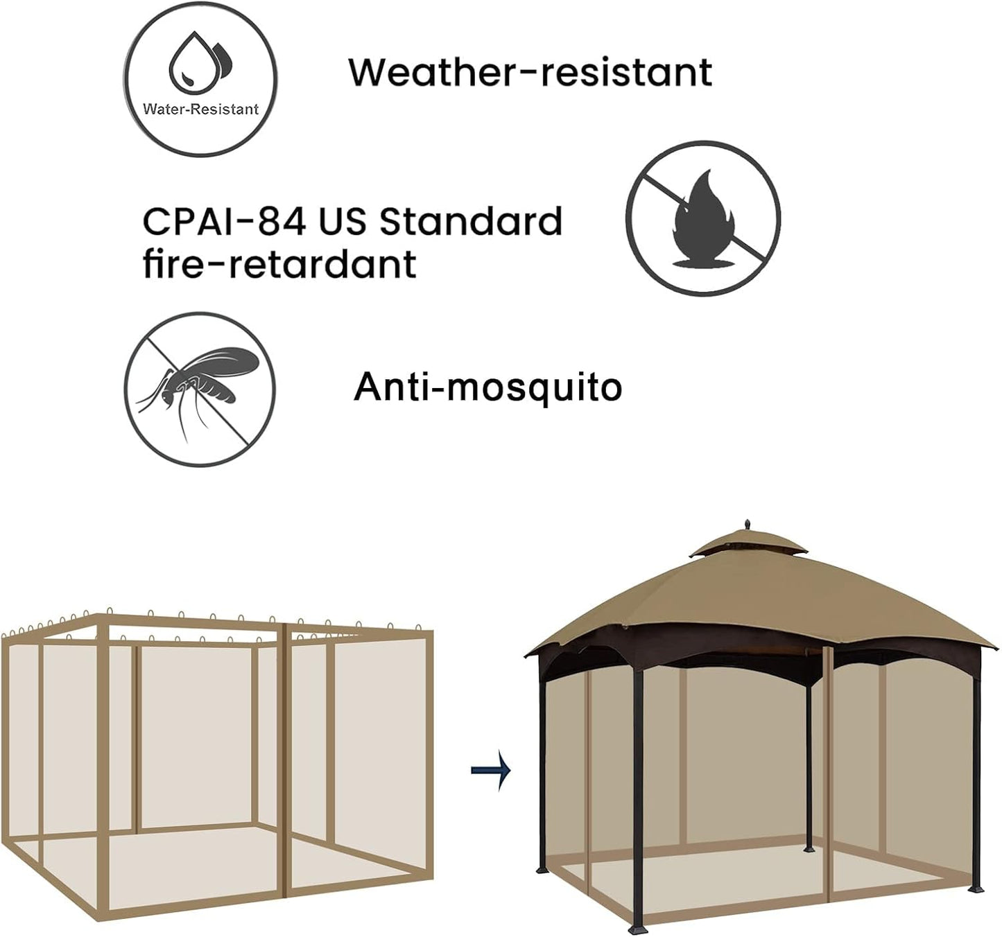 10'x12' Gazebo Replacement Mosquito Netting 4-Panel Patio Screen Walls with Zipper (Khaki)