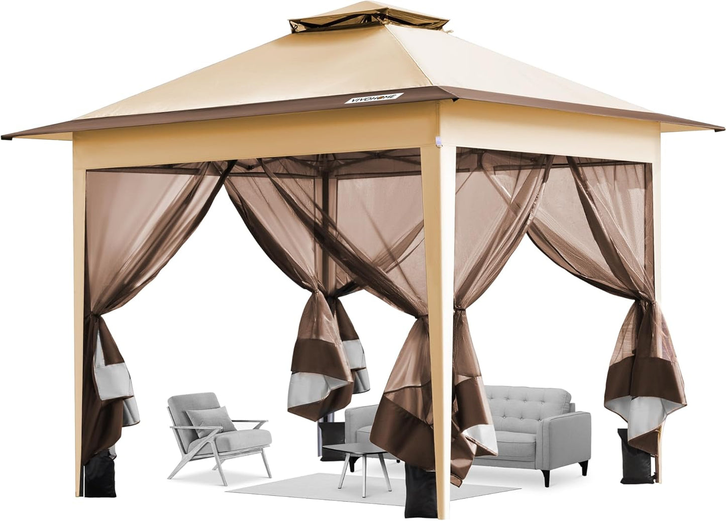 VIVOHOME 8x8ft Easy Pop-Up Canopy, Outdoor Screen Tent with Mosquito Netting, 2 Zipper Doors, and Roller Bag for Yard Camping Picnic Party Events, Beige