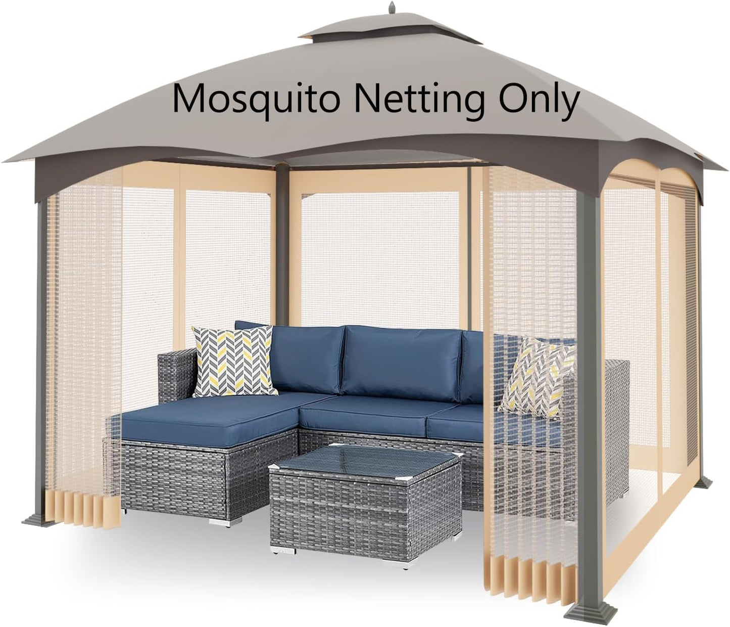 10'x12' Gazebo Replacement Mosquito Netting 4-Panel Patio Screen Walls with Zipper (Khaki)