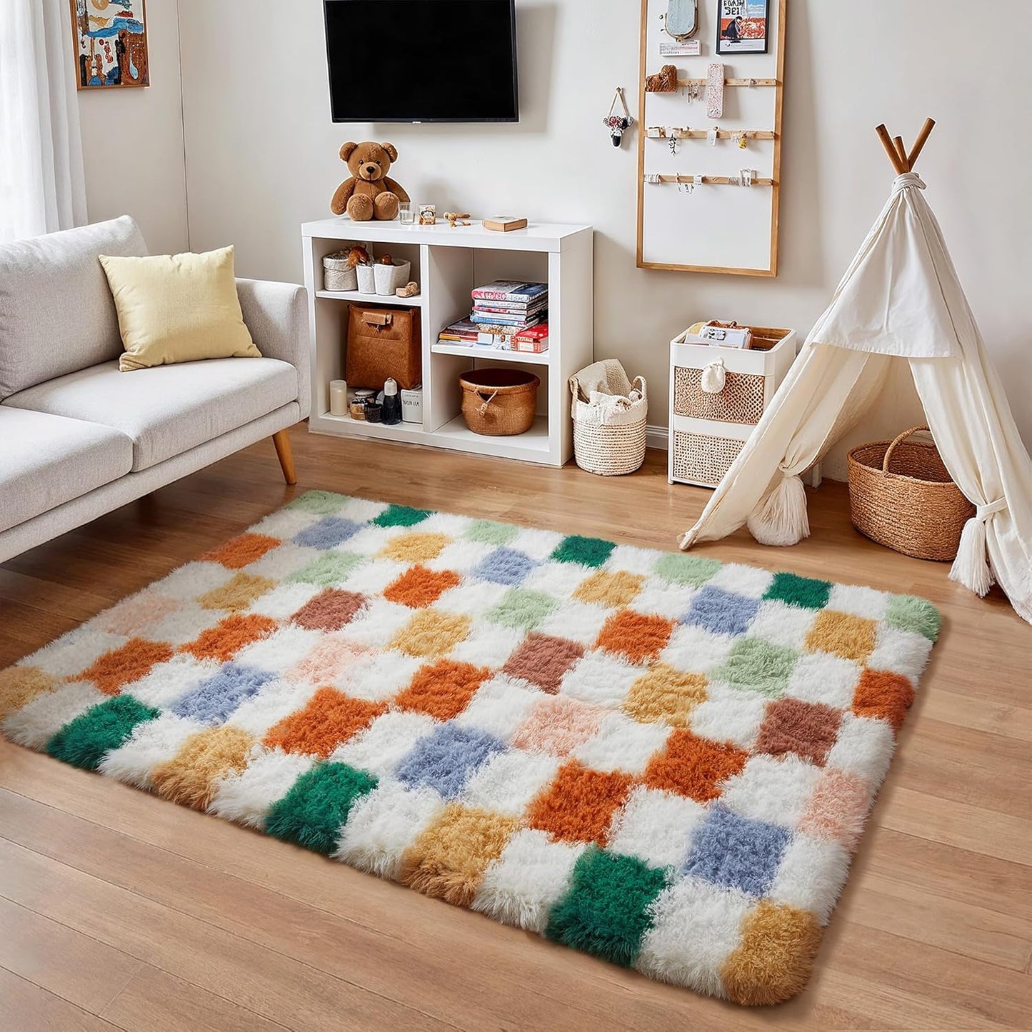 Checkered Rug 8x10 for Living Room, Black and White Modern Shag Rug Washable Non-Slip Large Area Rug Super Soft Indoor Fuzzy Carpet Fluffy Rugs for Bedroom Home Aesthetic Decor