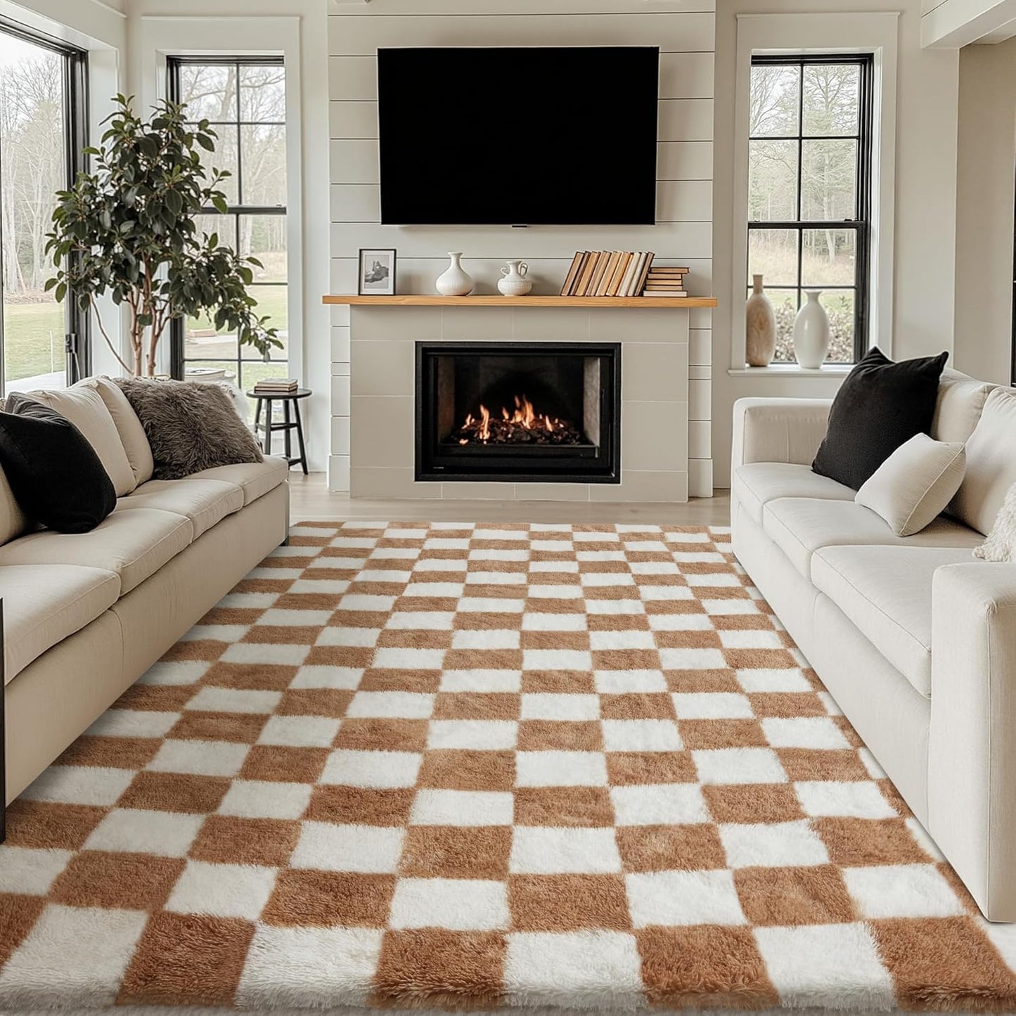 Checkered Rug 8x10 for Living Room, Black and White Modern Shag Rug Washable Non-Slip Large Area Rug Super Soft Indoor Fuzzy Carpet Fluffy Rugs for Bedroom Home Aesthetic Decor