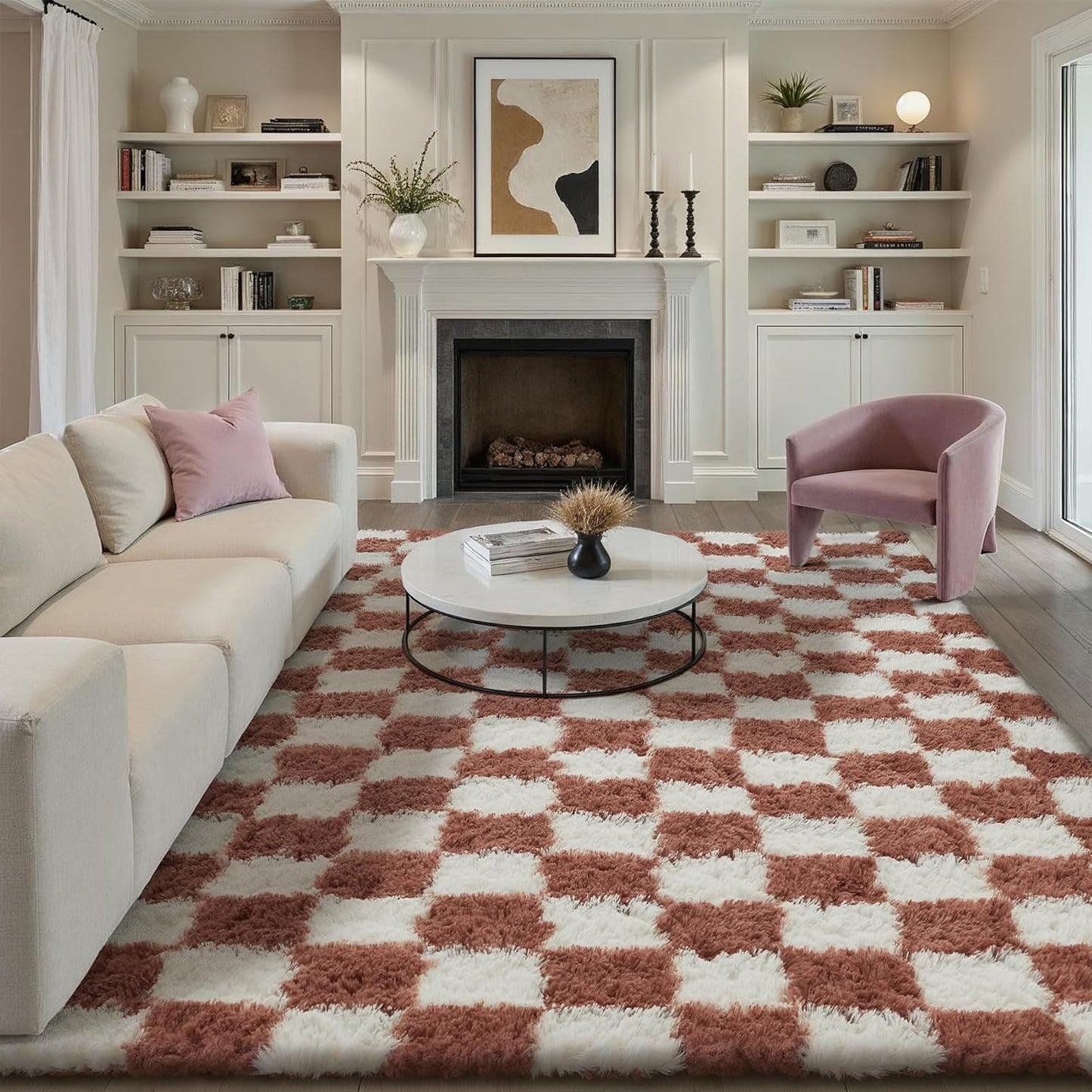 Checkered Rug 8x10 for Living Room, Black and White Modern Shag Rug Washable Non-Slip Large Area Rug Super Soft Indoor Fuzzy Carpet Fluffy Rugs for Bedroom Home Aesthetic Decor