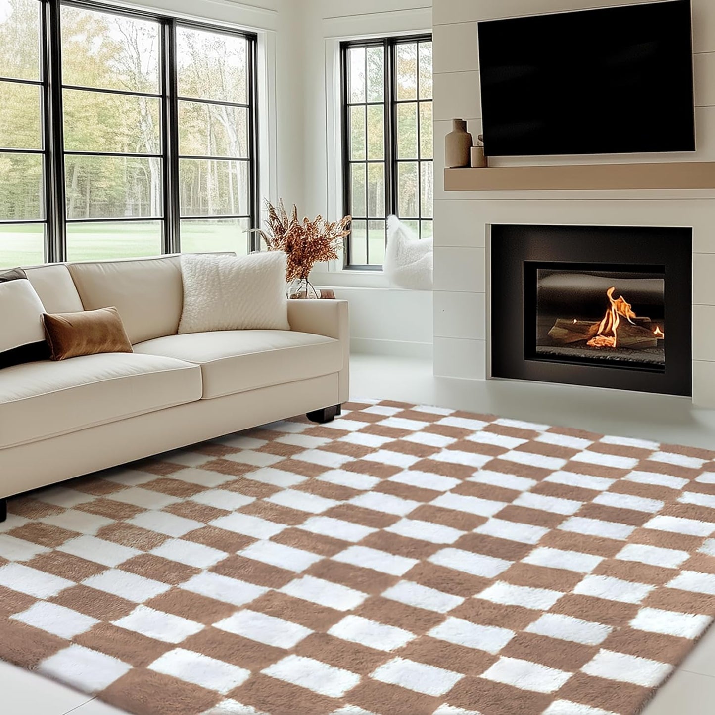 Checkered Rug 8x10 for Living Room, Black and White Modern Shag Rug Washable Non-Slip Large Area Rug Super Soft Indoor Fuzzy Carpet Fluffy Rugs for Bedroom Home Aesthetic Decor