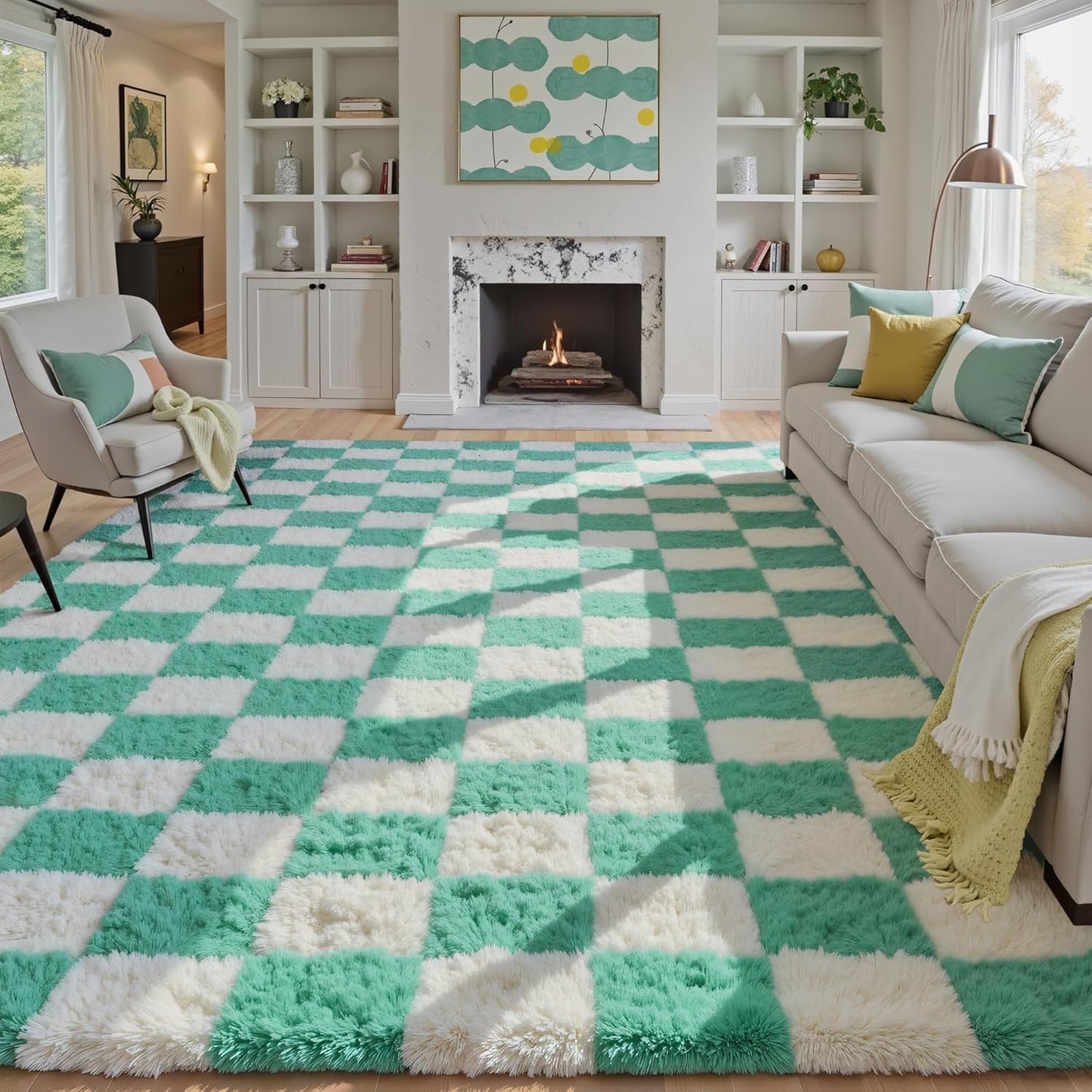 Checkered Rug 8x10 for Living Room, Black and White Modern Shag Rug Washable Non-Slip Large Area Rug Super Soft Indoor Fuzzy Carpet Fluffy Rugs for Bedroom Home Aesthetic Decor
