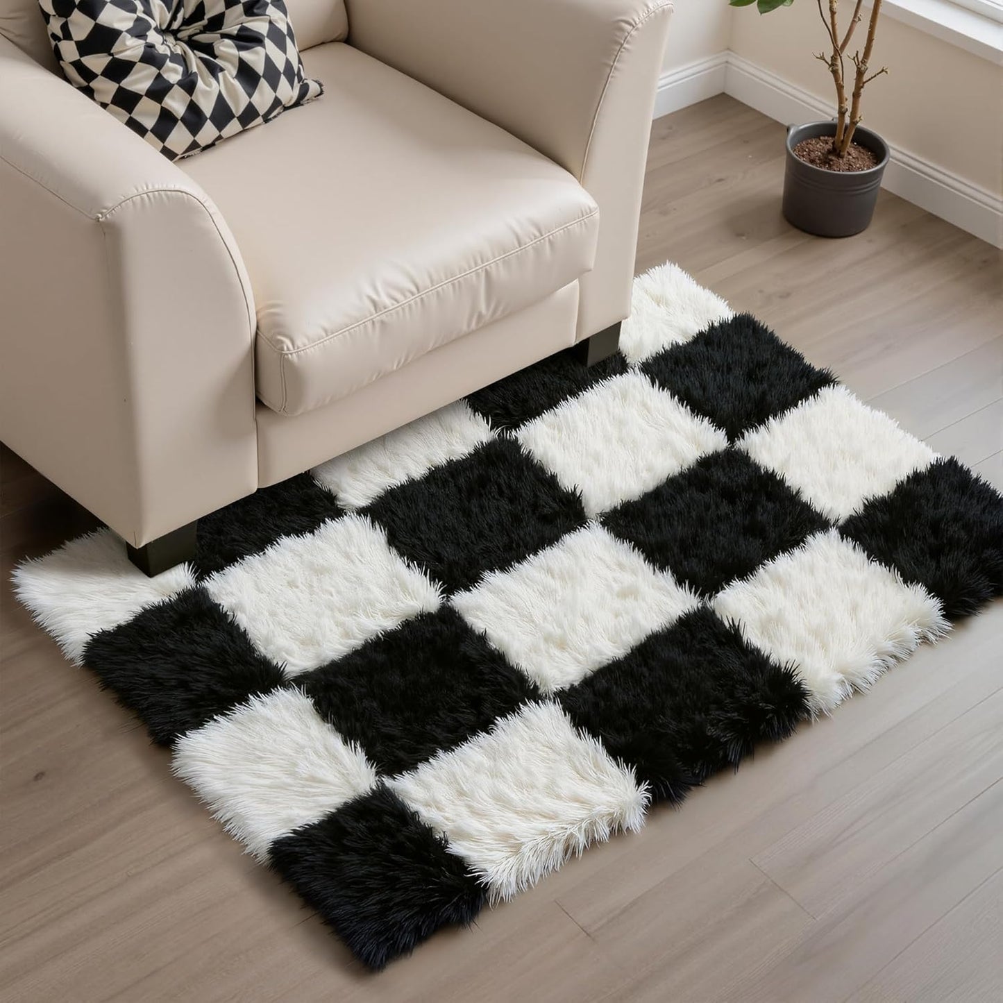 Checkered Rug 8x10 for Living Room, Black and White Modern Shag Rug Washable Non-Slip Large Area Rug Super Soft Indoor Fuzzy Carpet Fluffy Rugs for Bedroom Home Aesthetic Decor