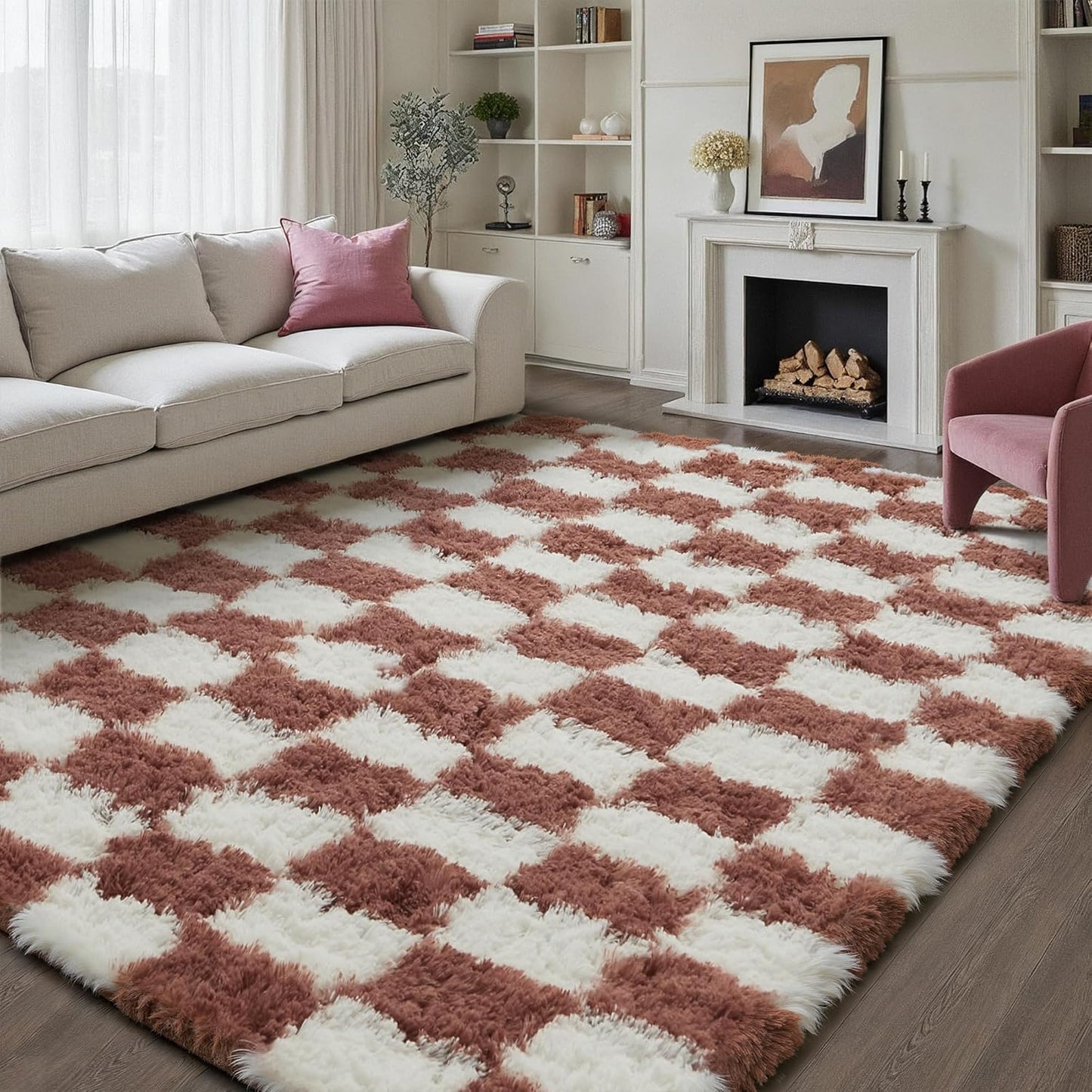 Checkered Rug 8x10 for Living Room, Black and White Modern Shag Rug Washable Non-Slip Large Area Rug Super Soft Indoor Fuzzy Carpet Fluffy Rugs for Bedroom Home Aesthetic Decor