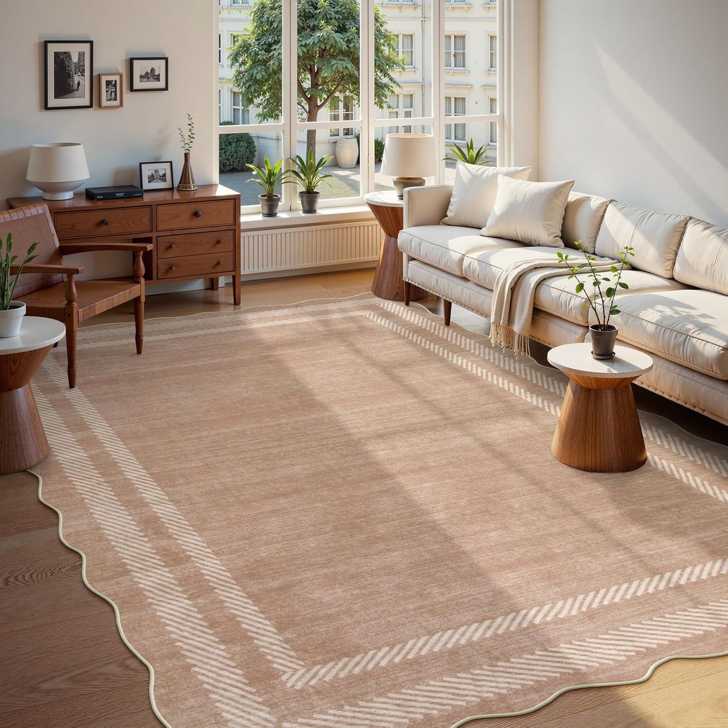 Lahome Scalloped Washable Area Rugs 5x7, Soft Nursery Rug for Bedroom Girls, Modern Bordered Ultra-Thin Non Slip Solid Throw Carpet for Living Room Classroom Office, Mauve/Pink