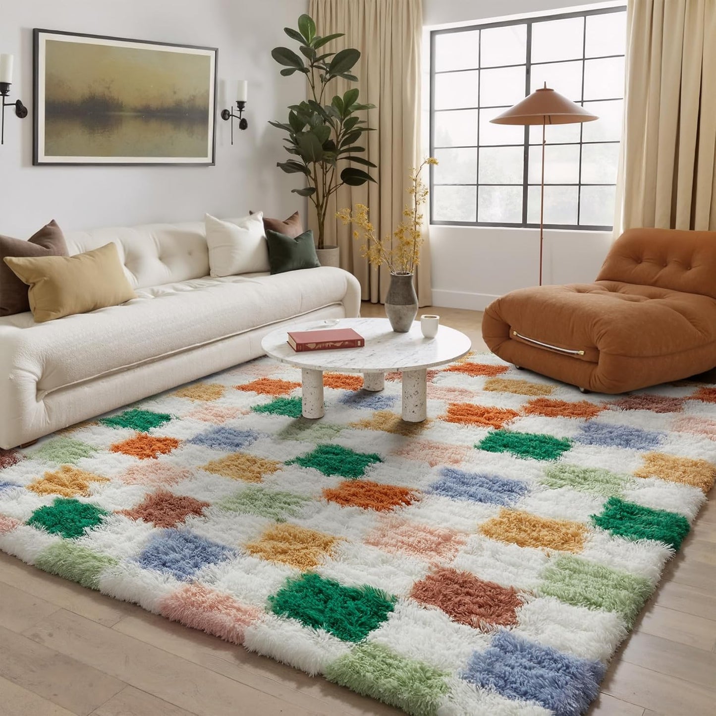 Checkered Rug 8x10 for Living Room, Black and White Modern Shag Rug Washable Non-Slip Large Area Rug Super Soft Indoor Fuzzy Carpet Fluffy Rugs for Bedroom Home Aesthetic Decor
