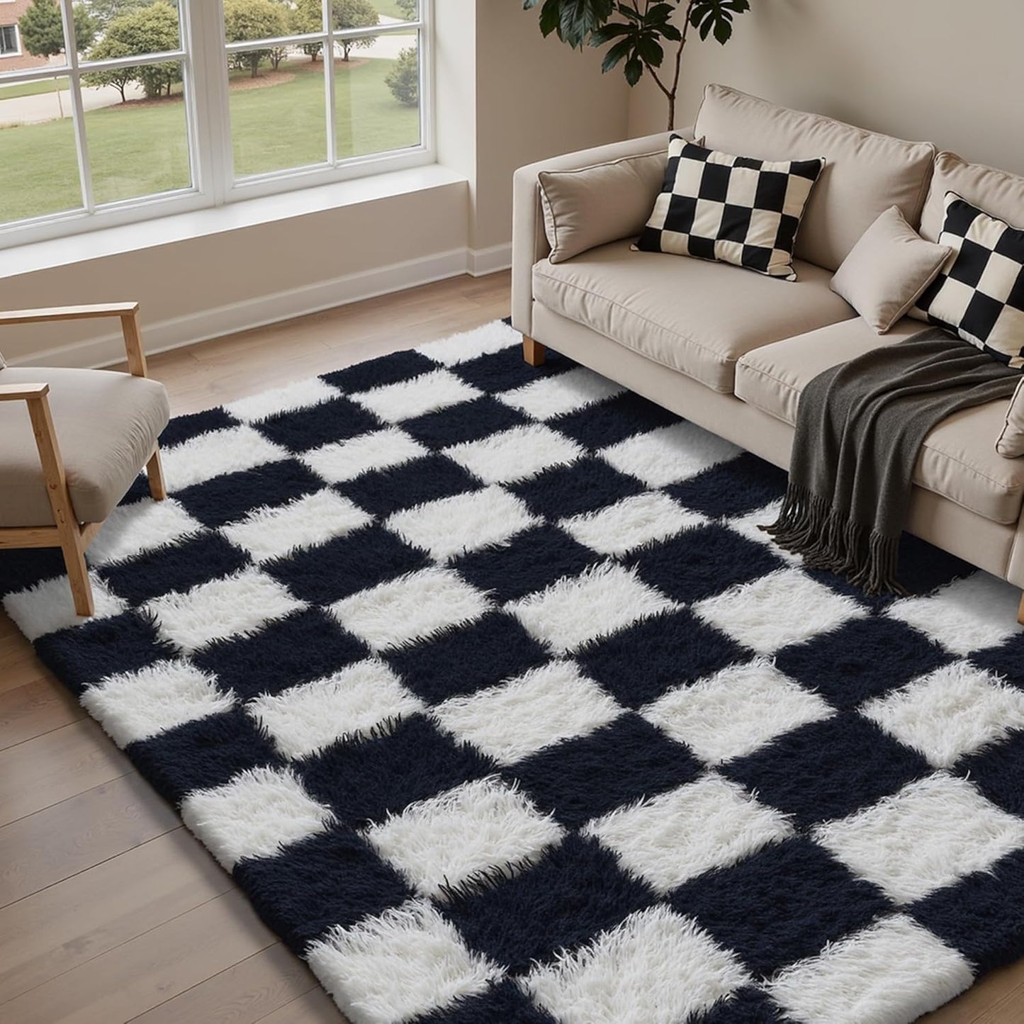 Checkered Rug 8x10 for Living Room, Black and White Modern Shag Rug Washable Non-Slip Large Area Rug Super Soft Indoor Fuzzy Carpet Fluffy Rugs for Bedroom Home Aesthetic Decor