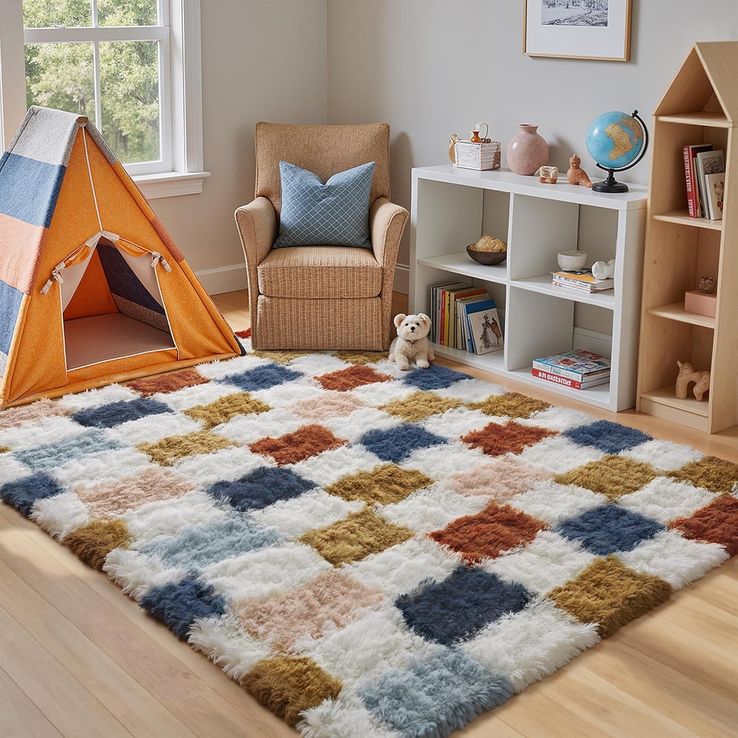 Checkered Rug 8x10 for Living Room, Black and White Modern Shag Rug Washable Non-Slip Large Area Rug Super Soft Indoor Fuzzy Carpet Fluffy Rugs for Bedroom Home Aesthetic Decor