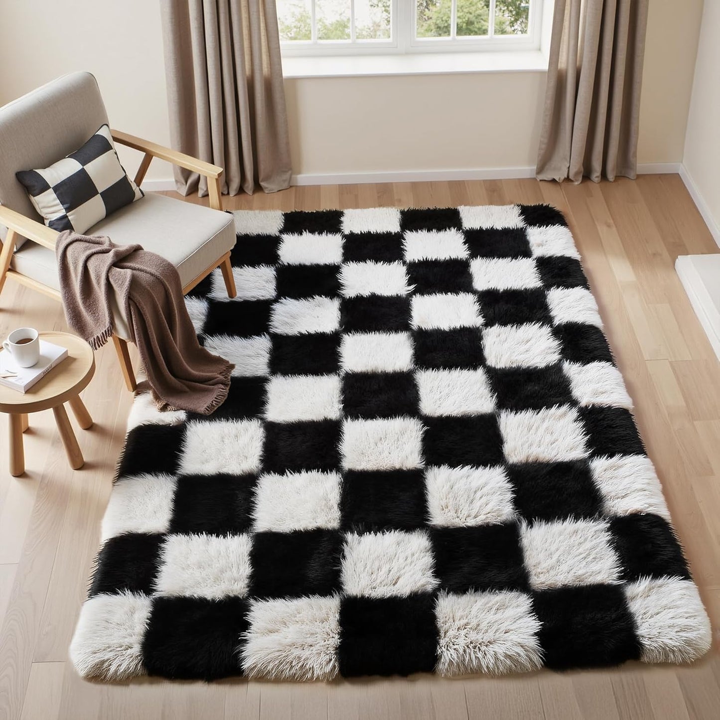 Checkered Rug 8x10 for Living Room, Black and White Modern Shag Rug Washable Non-Slip Large Area Rug Super Soft Indoor Fuzzy Carpet Fluffy Rugs for Bedroom Home Aesthetic Decor