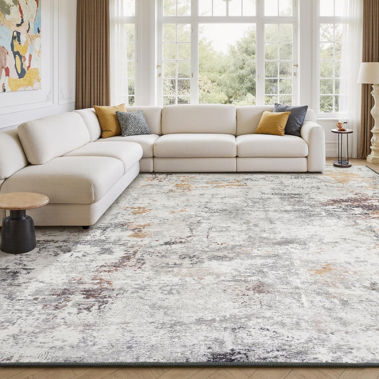 Rugflix 8x10 Area Rugs for Living Room, Washable Large Rug Stain-Resistant Low Pile, Modern Neutral Carpet for Dining Room Home Office Kid Room Nursery Bedroom, Grey Brown