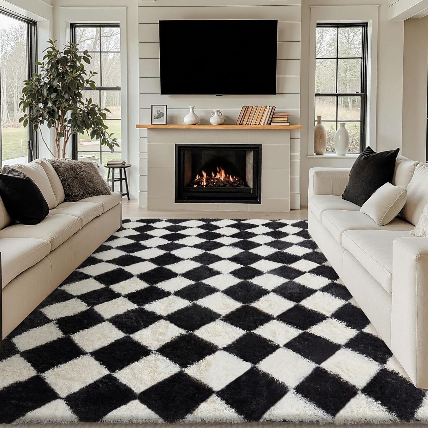 Checkered Rug 8x10 for Living Room, Black and White Modern Shag Rug Washable Non-Slip Large Area Rug Super Soft Indoor Fuzzy Carpet Fluffy Rugs for Bedroom Home Aesthetic Decor