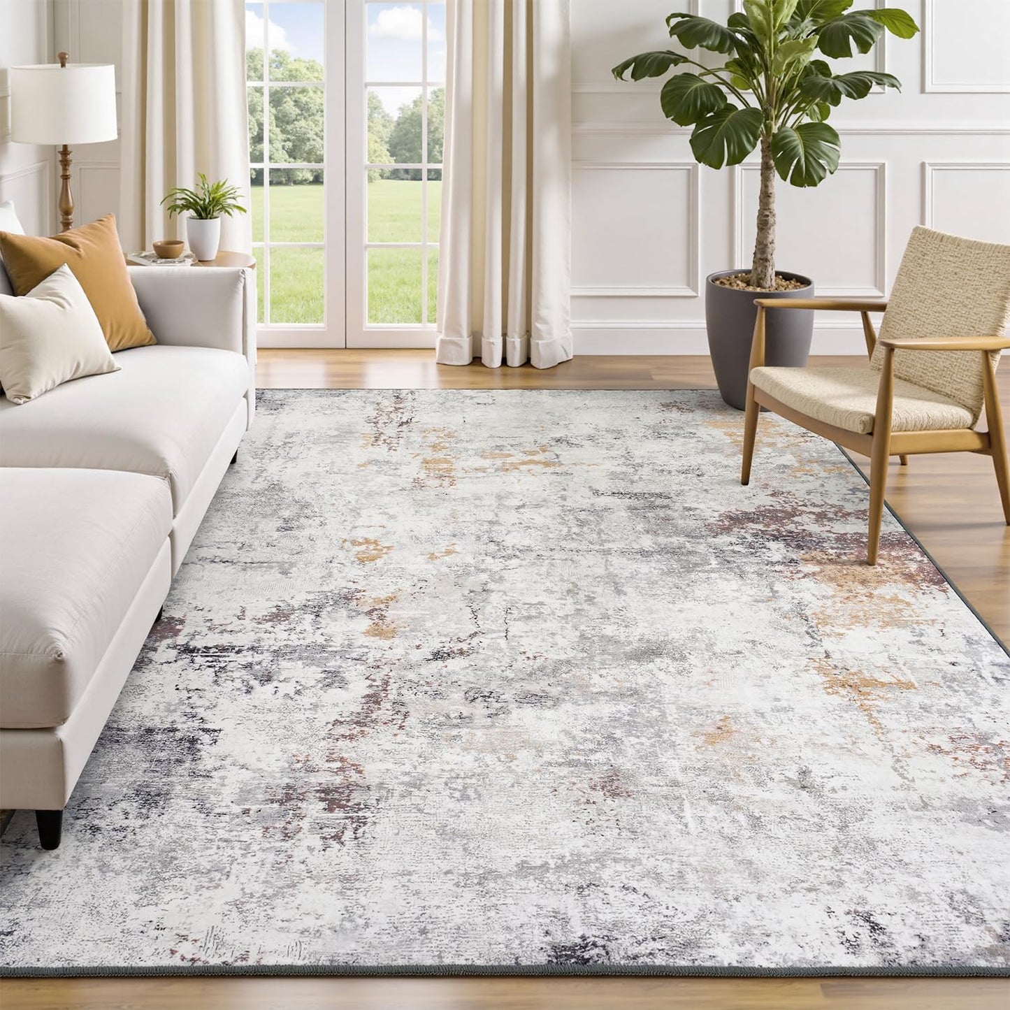 Rugflix 8x10 Area Rugs for Living Room, Washable Large Rug Stain-Resistant Low Pile, Modern Neutral Carpet for Dining Room Home Office Kid Room Nursery Bedroom, Grey Brown