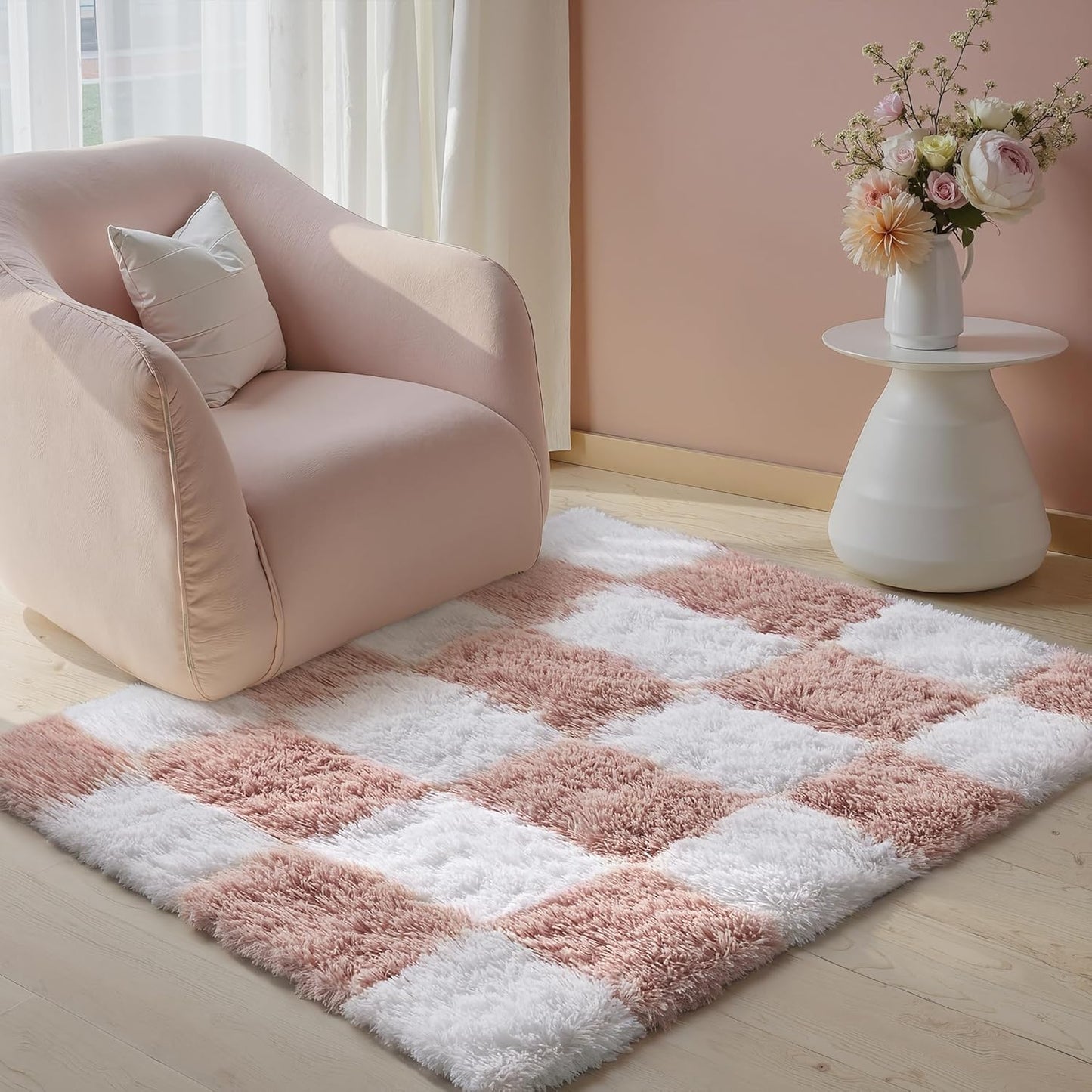 Checkered Rug 8x10 for Living Room, Black and White Modern Shag Rug Washable Non-Slip Large Area Rug Super Soft Indoor Fuzzy Carpet Fluffy Rugs for Bedroom Home Aesthetic Decor