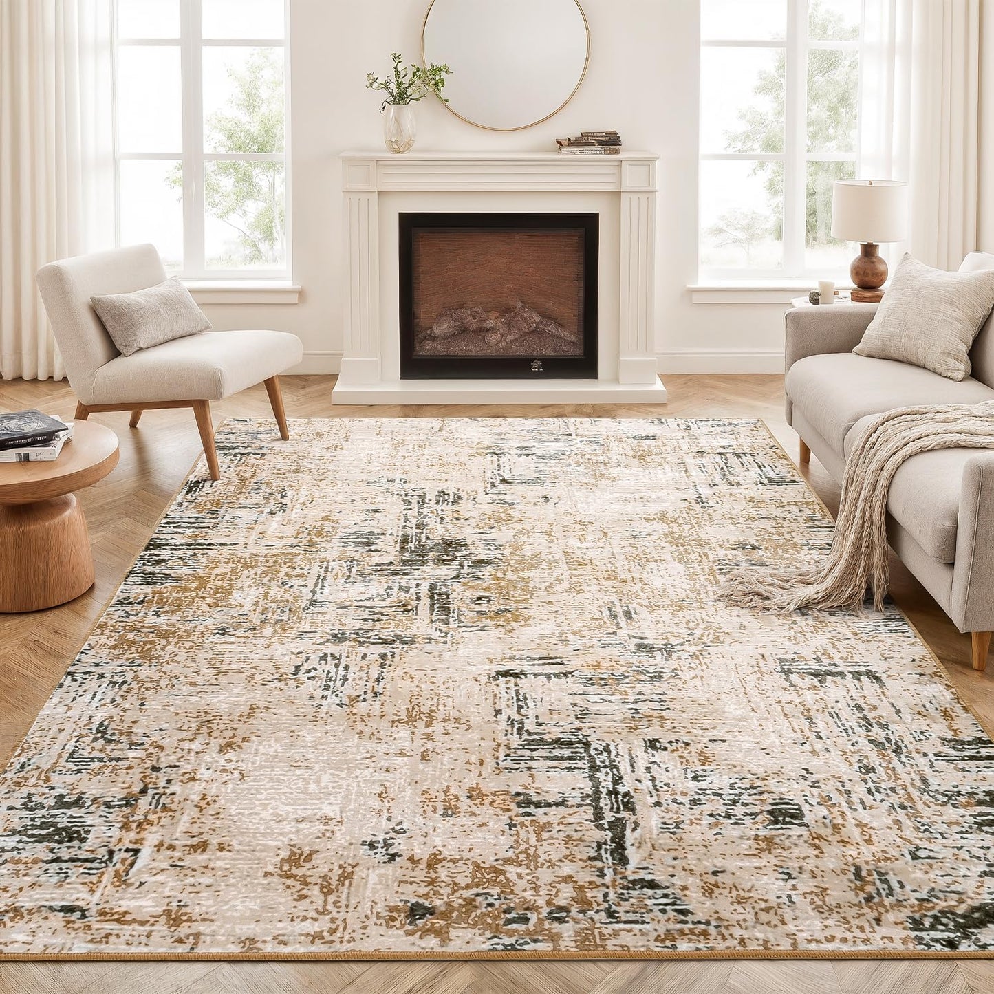 Rugflix 8x10 Area Rugs for Living Room, Washable Large Rug Stain-Resistant Low Pile, Modern Neutral Carpet for Dining Room Home Office Kid Room Nursery Bedroom, Grey Brown
