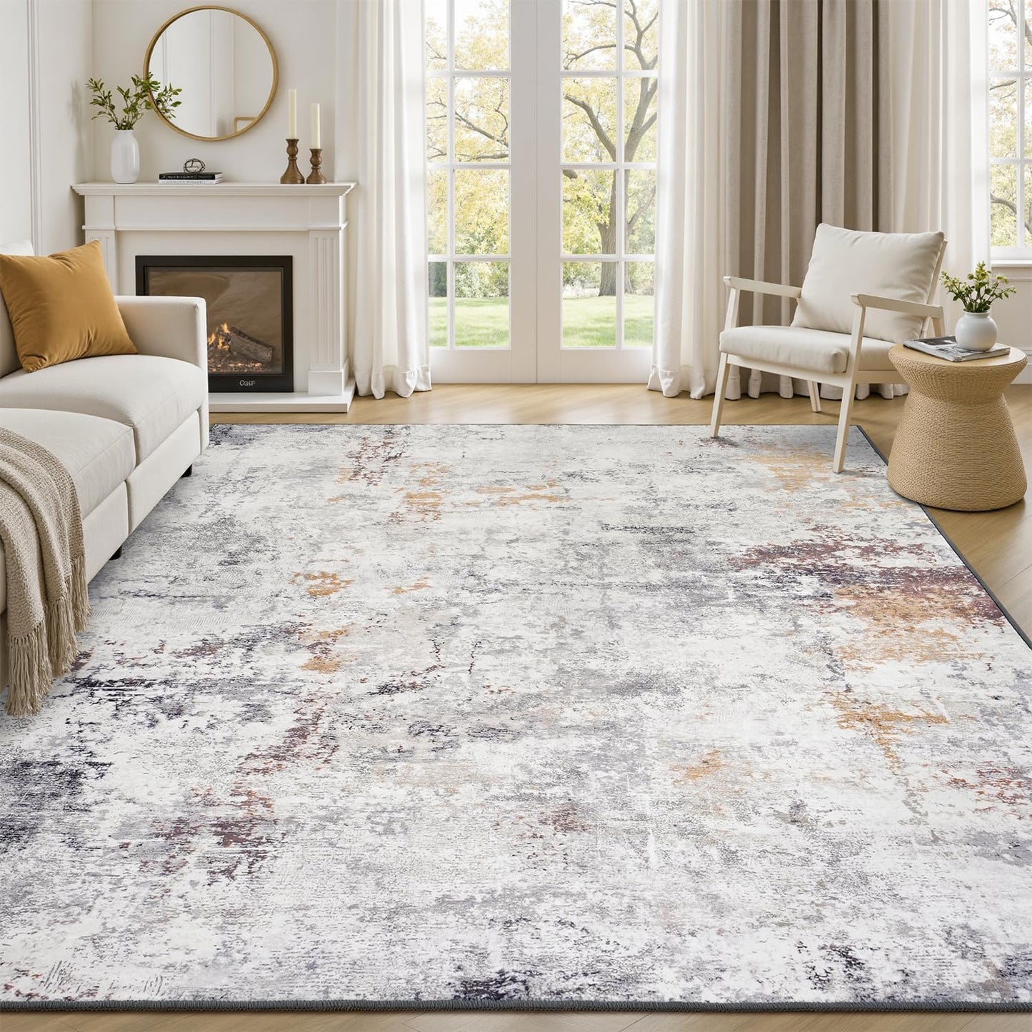 Rugflix 8x10 Area Rugs for Living Room, Washable Large Rug Stain-Resistant Low Pile, Modern Neutral Carpet for Dining Room Home Office Kid Room Nursery Bedroom, Grey Brown