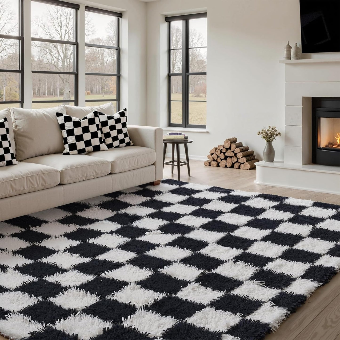 Checkered Rug 8x10 for Living Room, Black and White Modern Shag Rug Washable Non-Slip Large Area Rug Super Soft Indoor Fuzzy Carpet Fluffy Rugs for Bedroom Home Aesthetic Decor