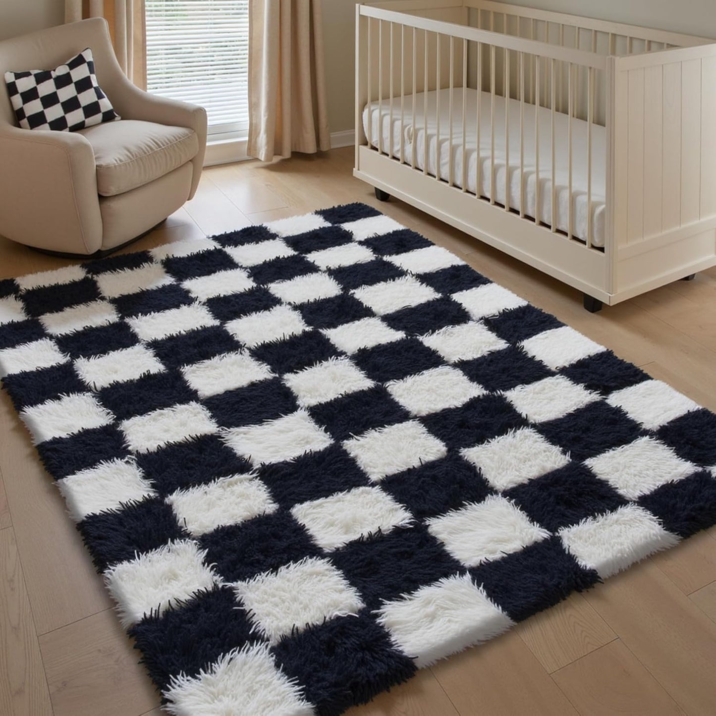 Checkered Rug 8x10 for Living Room, Black and White Modern Shag Rug Washable Non-Slip Large Area Rug Super Soft Indoor Fuzzy Carpet Fluffy Rugs for Bedroom Home Aesthetic Decor
