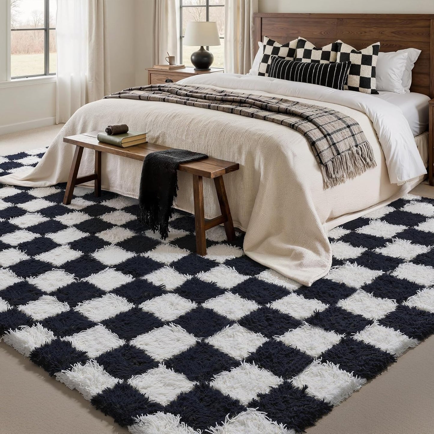 Checkered Rug 8x10 for Living Room, Black and White Modern Shag Rug Washable Non-Slip Large Area Rug Super Soft Indoor Fuzzy Carpet Fluffy Rugs for Bedroom Home Aesthetic Decor