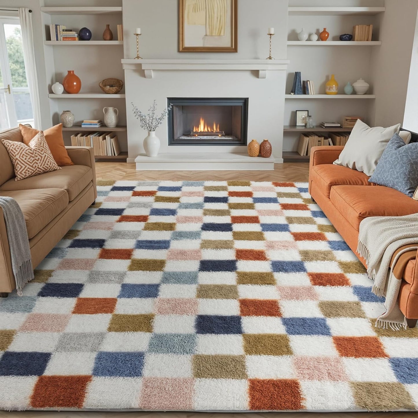 Checkered Rug 8x10 for Living Room, Black and White Modern Shag Rug Washable Non-Slip Large Area Rug Super Soft Indoor Fuzzy Carpet Fluffy Rugs for Bedroom Home Aesthetic Decor