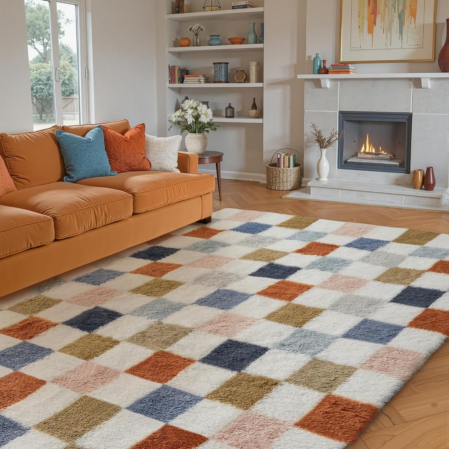 Checkered Rug 8x10 for Living Room, Black and White Modern Shag Rug Washable Non-Slip Large Area Rug Super Soft Indoor Fuzzy Carpet Fluffy Rugs for Bedroom Home Aesthetic Decor