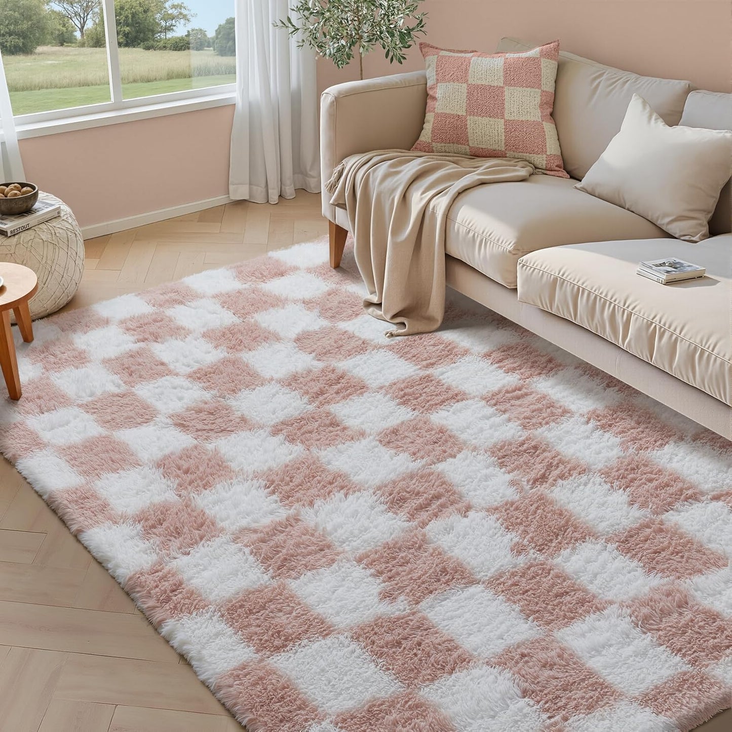 Checkered Rug 8x10 for Living Room, Black and White Modern Shag Rug Washable Non-Slip Large Area Rug Super Soft Indoor Fuzzy Carpet Fluffy Rugs for Bedroom Home Aesthetic Decor