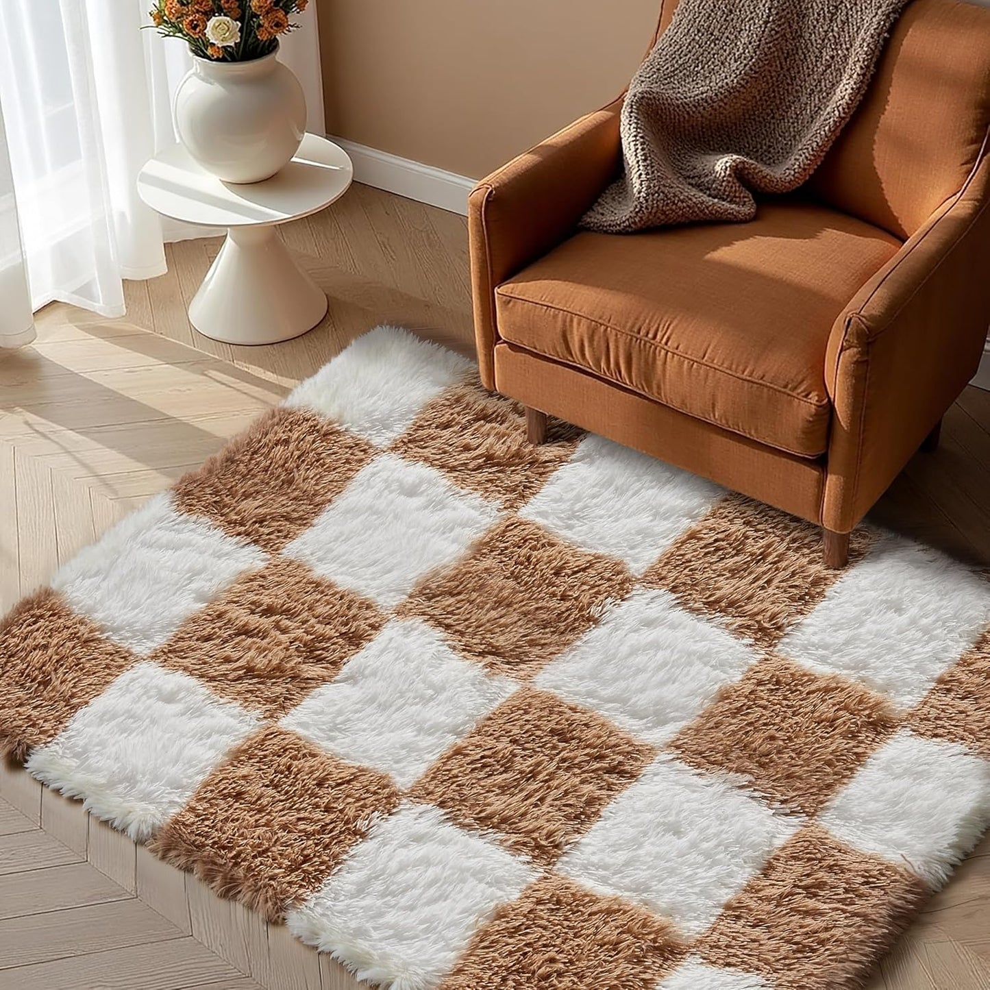 Checkered Rug 8x10 for Living Room, Black and White Modern Shag Rug Washable Non-Slip Large Area Rug Super Soft Indoor Fuzzy Carpet Fluffy Rugs for Bedroom Home Aesthetic Decor