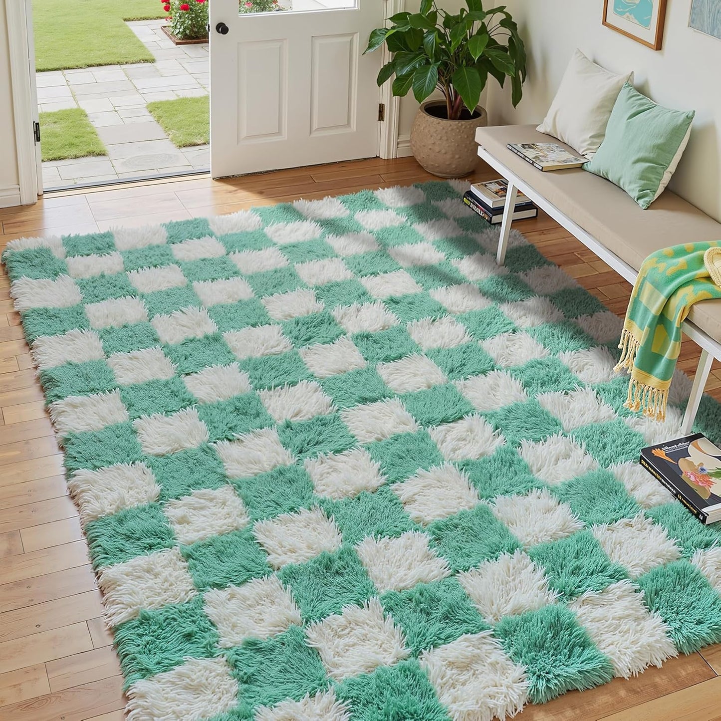 Checkered Rug 8x10 for Living Room, Black and White Modern Shag Rug Washable Non-Slip Large Area Rug Super Soft Indoor Fuzzy Carpet Fluffy Rugs for Bedroom Home Aesthetic Decor