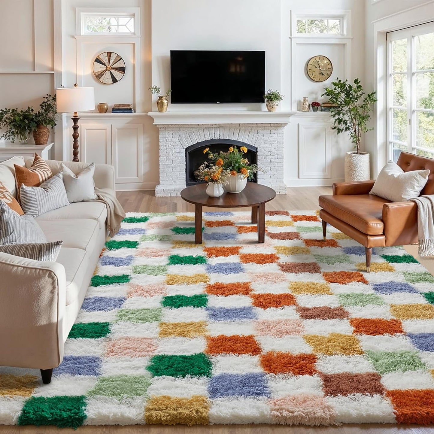 Checkered Rug 8x10 for Living Room, Black and White Modern Shag Rug Washable Non-Slip Large Area Rug Super Soft Indoor Fuzzy Carpet Fluffy Rugs for Bedroom Home Aesthetic Decor