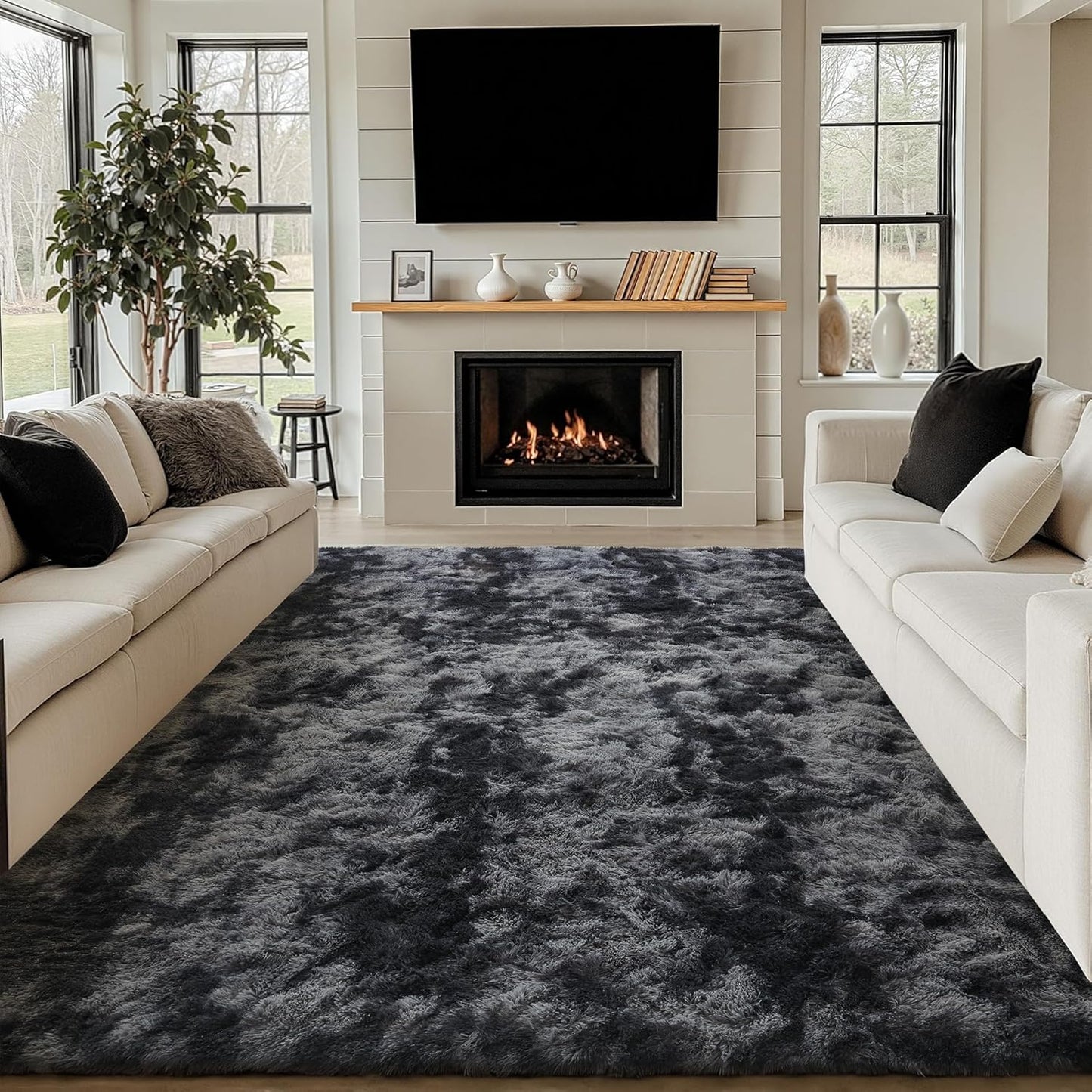 Checkered Rug 8x10 for Living Room, Black and White Modern Shag Rug Washable Non-Slip Large Area Rug Super Soft Indoor Fuzzy Carpet Fluffy Rugs for Bedroom Home Aesthetic Decor