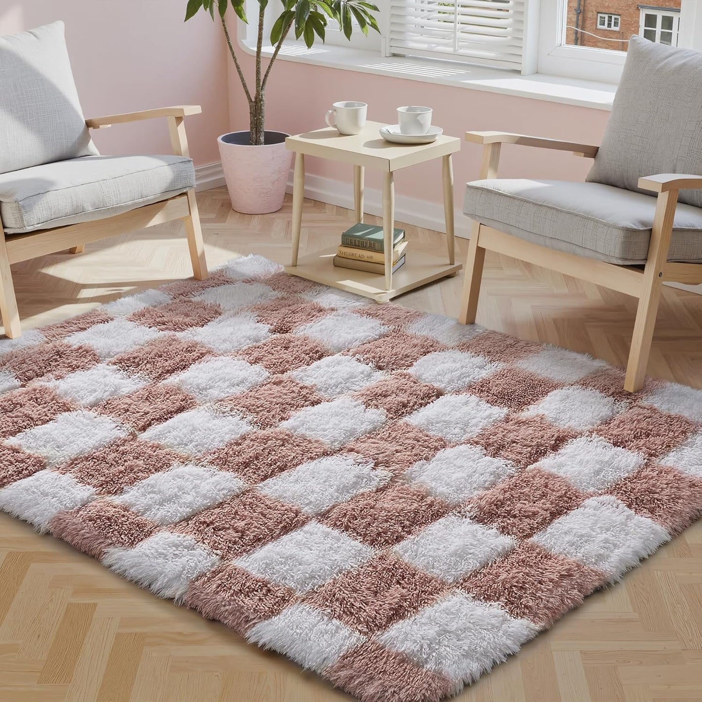 Checkered Rug 8x10 for Living Room, Black and White Modern Shag Rug Washable Non-Slip Large Area Rug Super Soft Indoor Fuzzy Carpet Fluffy Rugs for Bedroom Home Aesthetic Decor