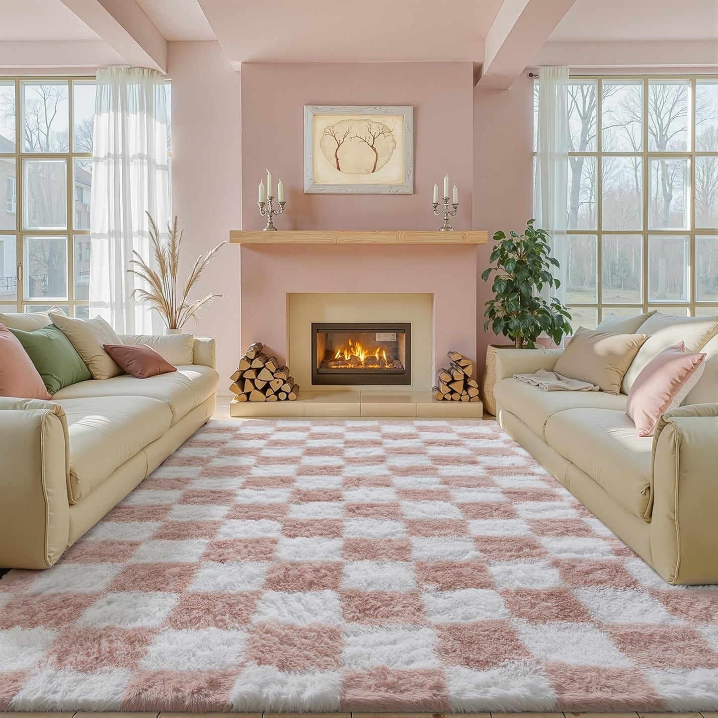 Checkered Rug 8x10 for Living Room, Black and White Modern Shag Rug Washable Non-Slip Large Area Rug Super Soft Indoor Fuzzy Carpet Fluffy Rugs for Bedroom Home Aesthetic Decor