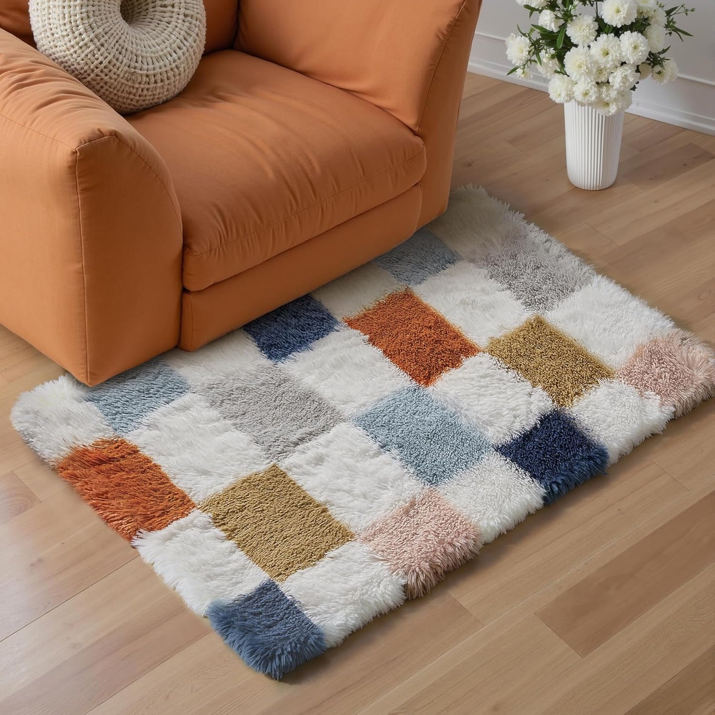 Checkered Rug 8x10 for Living Room, Black and White Modern Shag Rug Washable Non-Slip Large Area Rug Super Soft Indoor Fuzzy Carpet Fluffy Rugs for Bedroom Home Aesthetic Decor