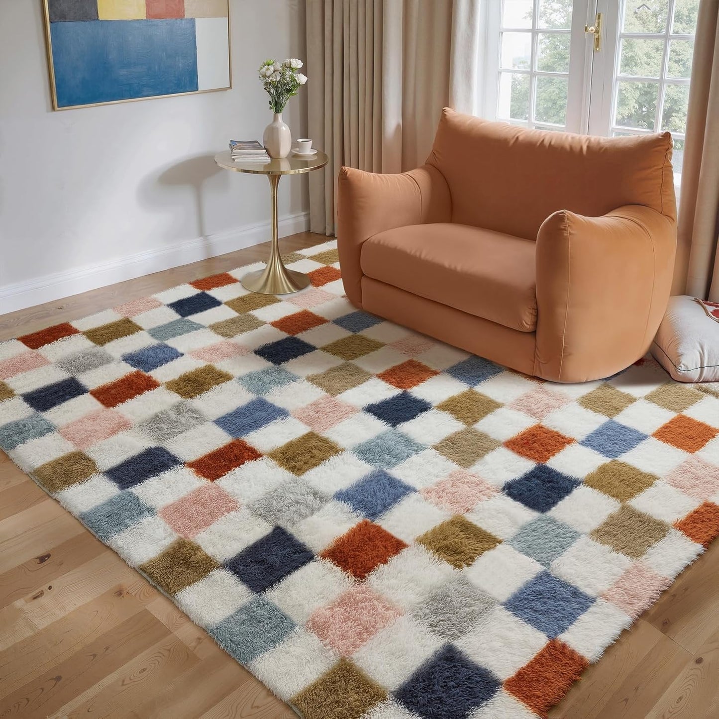 Checkered Rug 8x10 for Living Room, Black and White Modern Shag Rug Washable Non-Slip Large Area Rug Super Soft Indoor Fuzzy Carpet Fluffy Rugs for Bedroom Home Aesthetic Decor