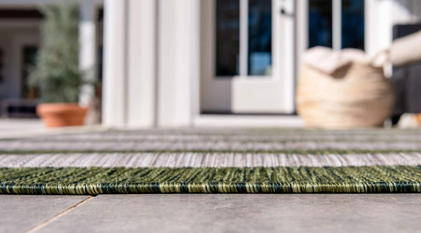 Unique Loom Outdoor Striped Collection Area Rug - Distressed Stripe (9' x 12' Rectangle, Green/ Gray)