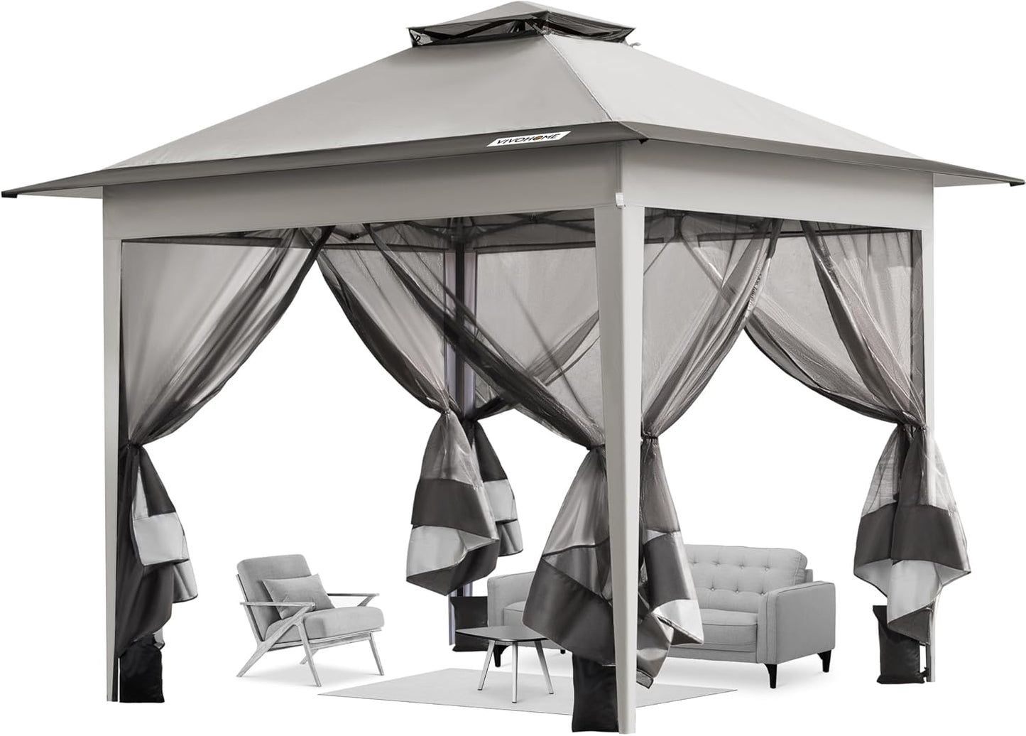 VIVOHOME 8x8ft Easy Pop-Up Canopy, Outdoor Screen Tent with Mosquito Netting, 2 Zipper Doors, and Roller Bag for Yard Camping Picnic Party Events, Beige