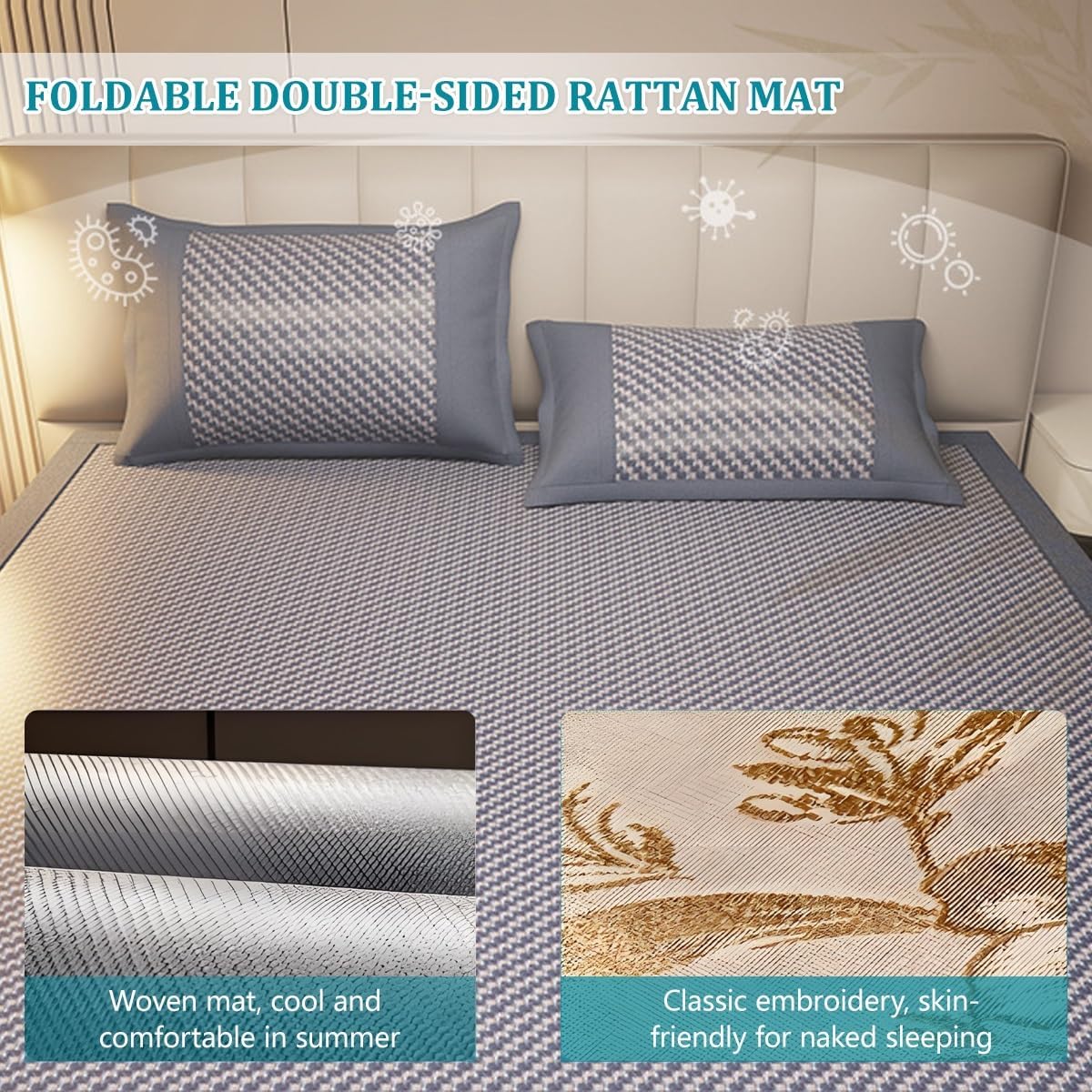 Rattan Summer Cooling Sleeping Mat, Foldable Rattan Cooling Bed Mat with Pillowcase, Smooth Breathable Bed Mat Ice Silk Floor Mat, Reversible Absorb Sweat/Cool Pad, Easy to Clean for School Dormitory