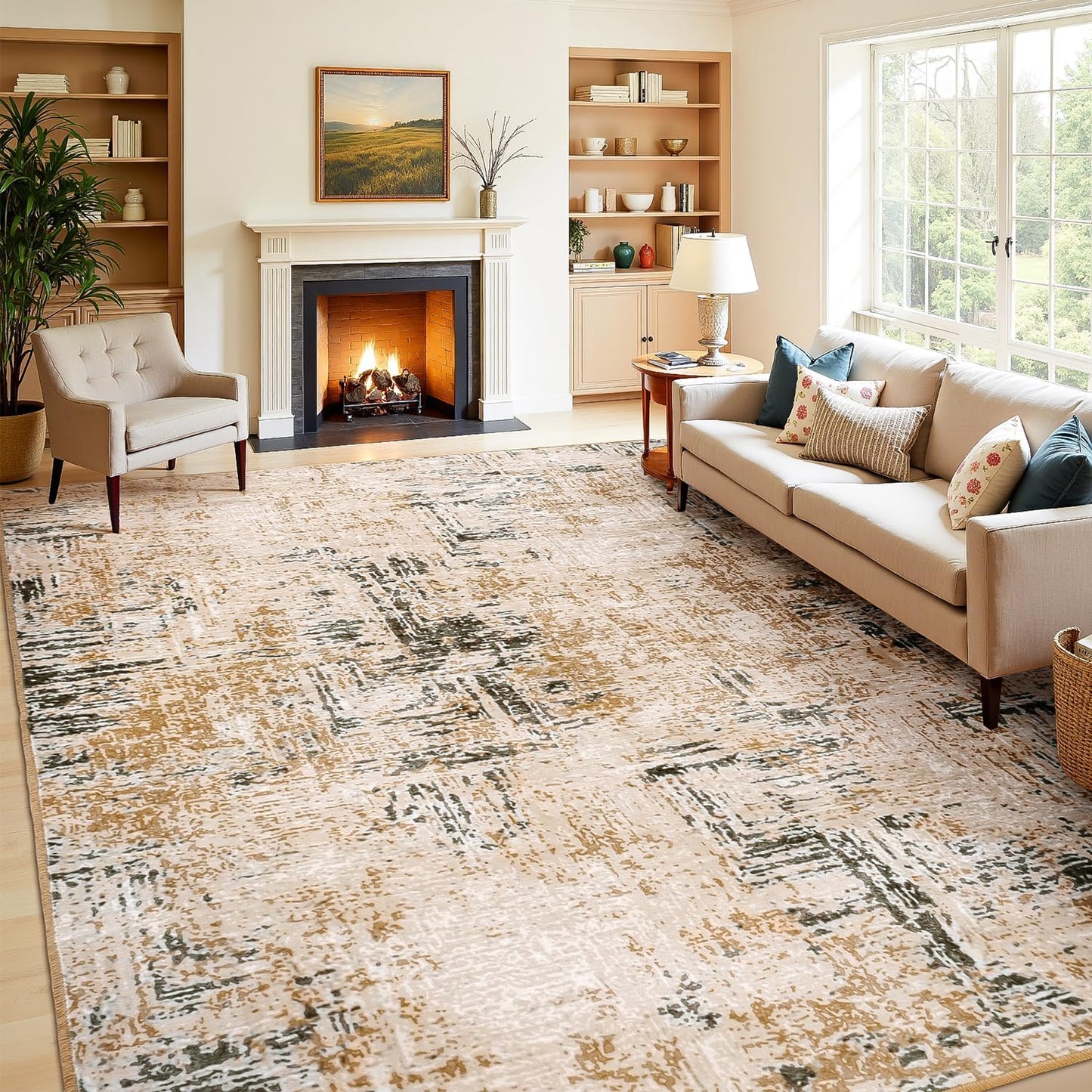 Rugflix 8x10 Area Rugs for Living Room, Washable Large Rug Stain-Resistant Low Pile, Modern Neutral Carpet for Dining Room Home Office Kid Room Nursery Bedroom, Grey Brown