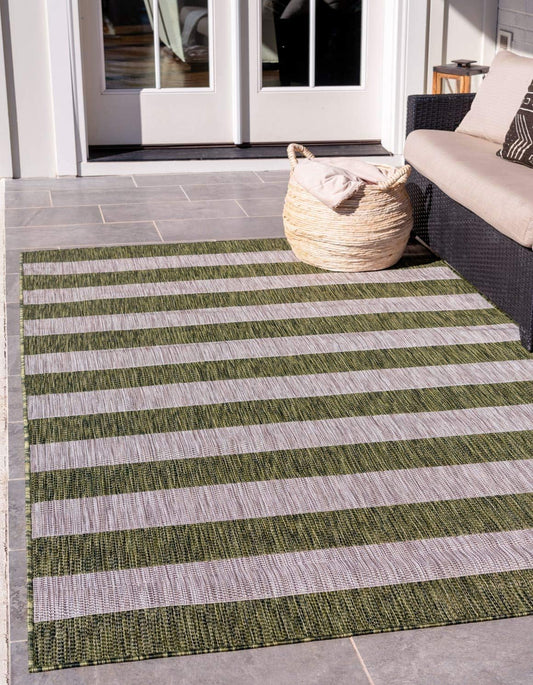 Unique Loom Outdoor Striped Collection Area Rug - Distressed Stripe (9' x 12' Rectangle, Green/ Gray)