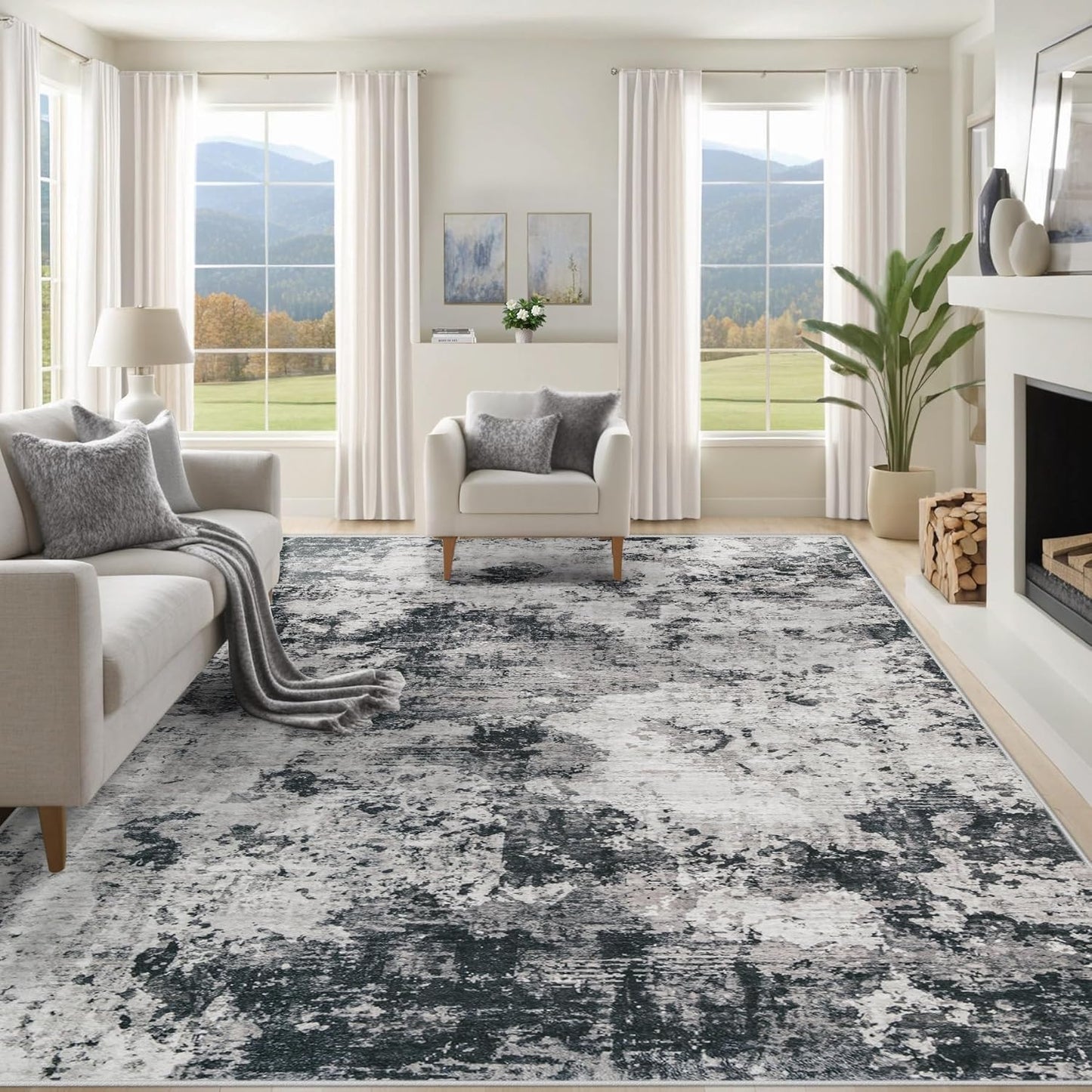 8x10 Area Rugs for Living Room, Washable Modern Abstract Large Area Rug Neutral Soft Non Slip Kids Rug Stain Resistant Indoor Carpet for Bedroom Nursery Dining Room Playroom Home Office(Blue, 8'x10')