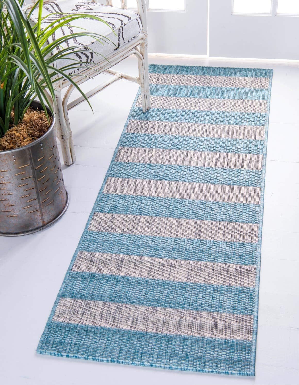 Unique Loom Outdoor Striped Collection Area Rug - Distressed Stripe (9' x 12' Rectangle, Green/ Gray)