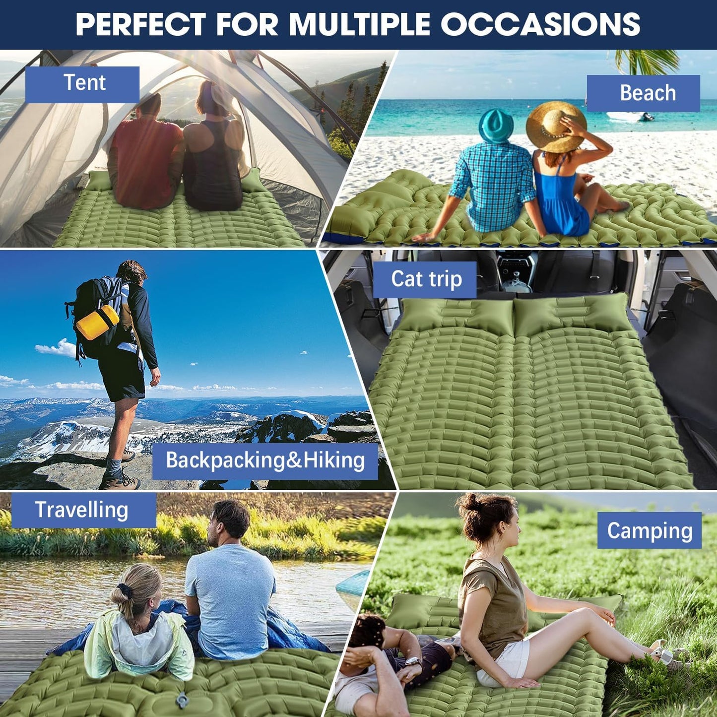 Double Sleeping Pad for Camping - Ultralight Camping Mattress with Pillow, Built-in Foot Pump, Compact Inflatable 2-Person Portable Mat for Backpacking, Hiking, Car Traveling, Beach, Tent