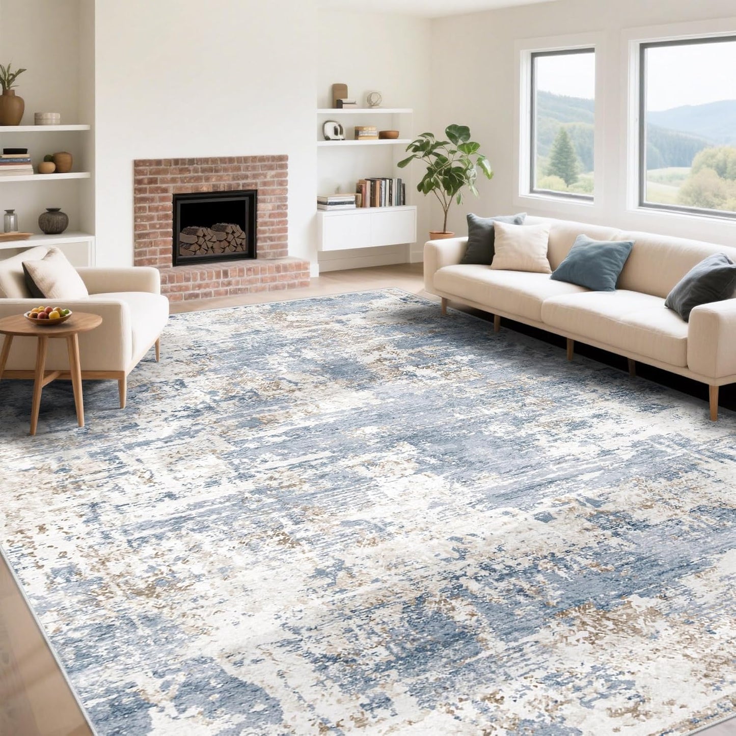 8x10 Area Rugs for Living Room, Washable Modern Abstract Large Area Rug Neutral Soft Non Slip Kids Rug Stain Resistant Indoor Carpet for Bedroom Nursery Dining Room Playroom Home Office(Blue, 8'x10')
