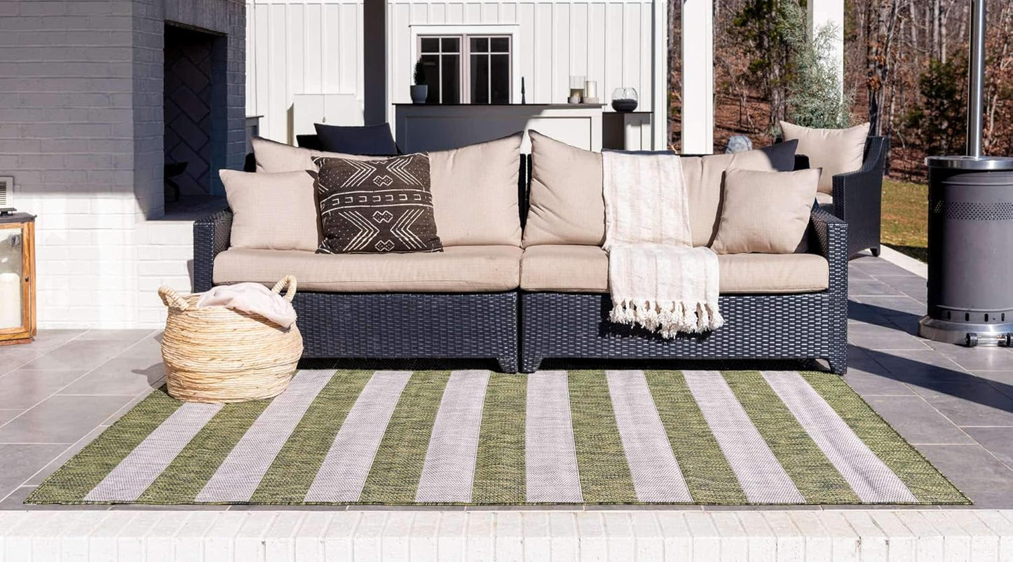 Unique Loom Outdoor Striped Collection Area Rug - Distressed Stripe (9' x 12' Rectangle, Green/ Gray)