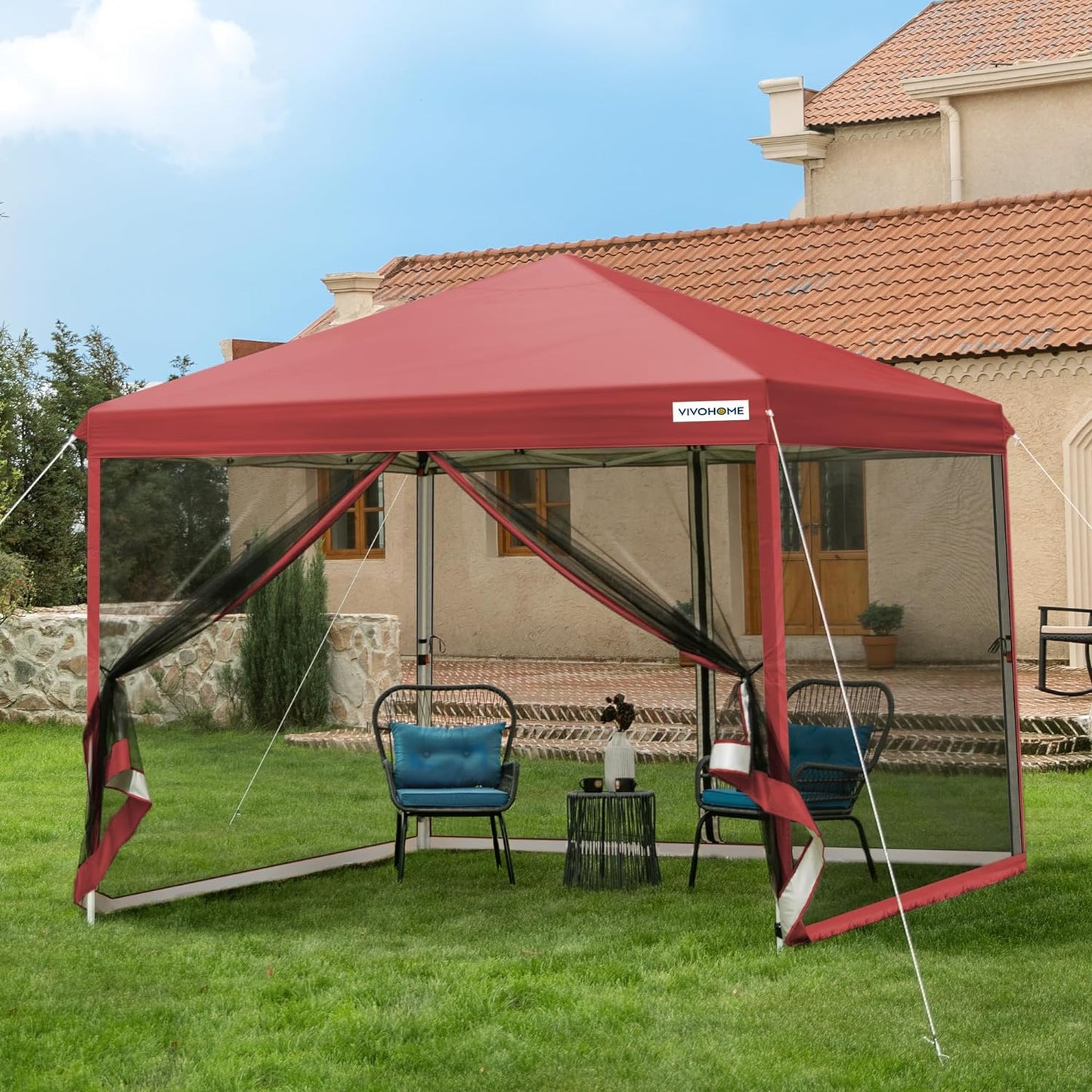 VIVOHOME 8x8ft Easy Pop-Up Canopy, Outdoor Screen Tent with Mosquito Netting, 2 Zipper Doors, and Roller Bag for Yard Camping Picnic Party Events, Beige