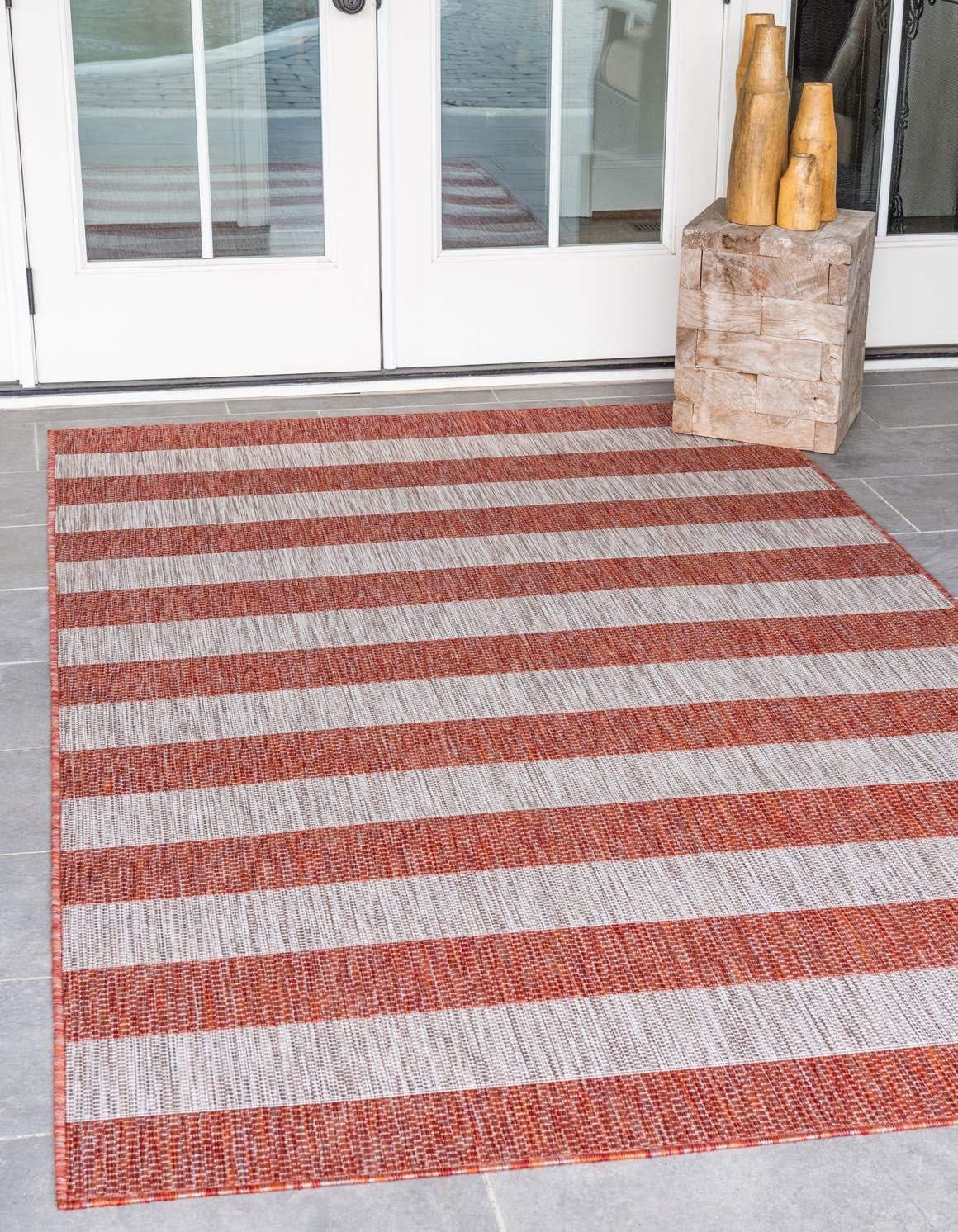 Unique Loom Outdoor Striped Collection Area Rug - Distressed Stripe (9' x 12' Rectangle, Green/ Gray)