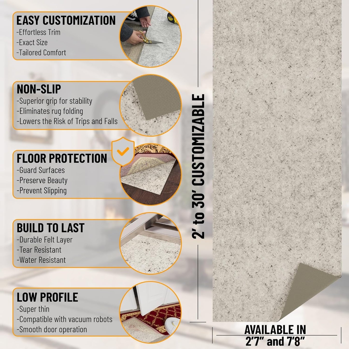 Ottomanson Non Slip Rug Pad Grip 8x12 1/8 Thick, Protection for Any Flooring Surface, Keep Your Runner Rug and Area Rugs in Place, 7'8" x 12', Beige